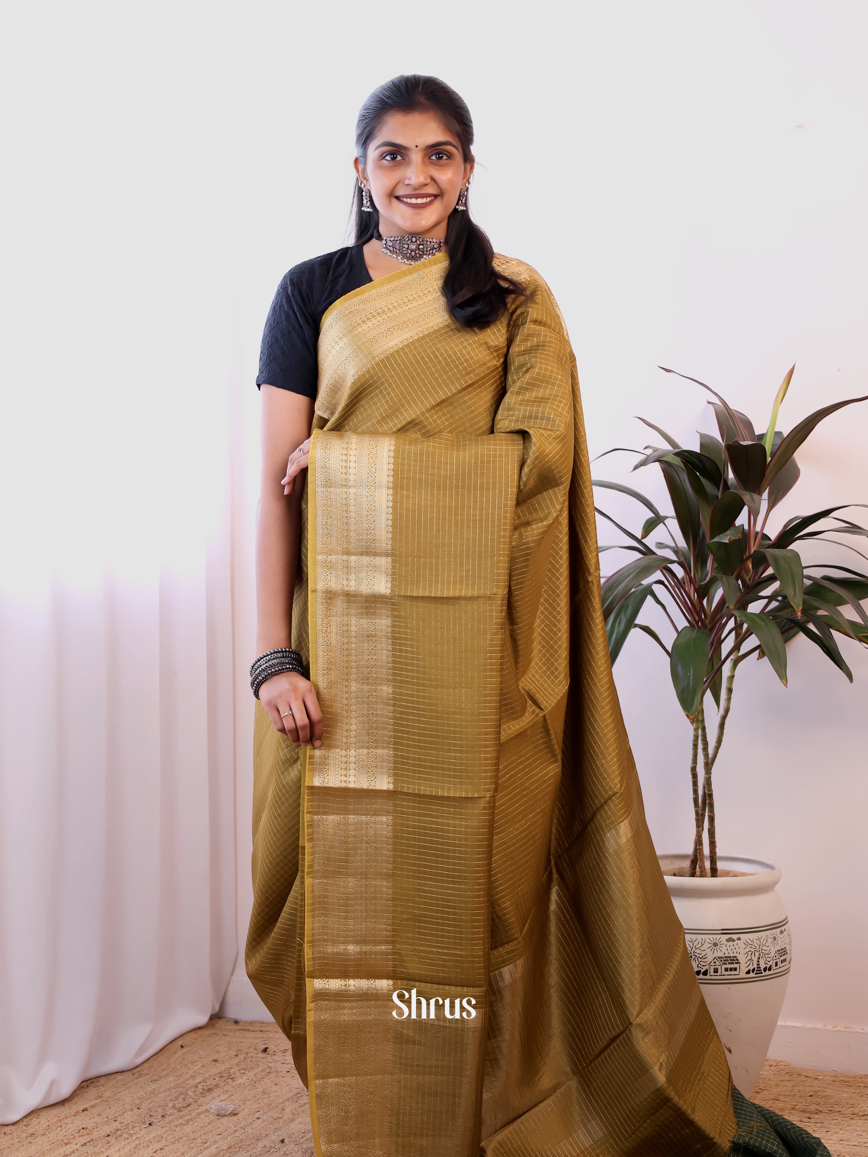 Mehandi & Green - Semi Dupion Saree - Shop on Shrus.com