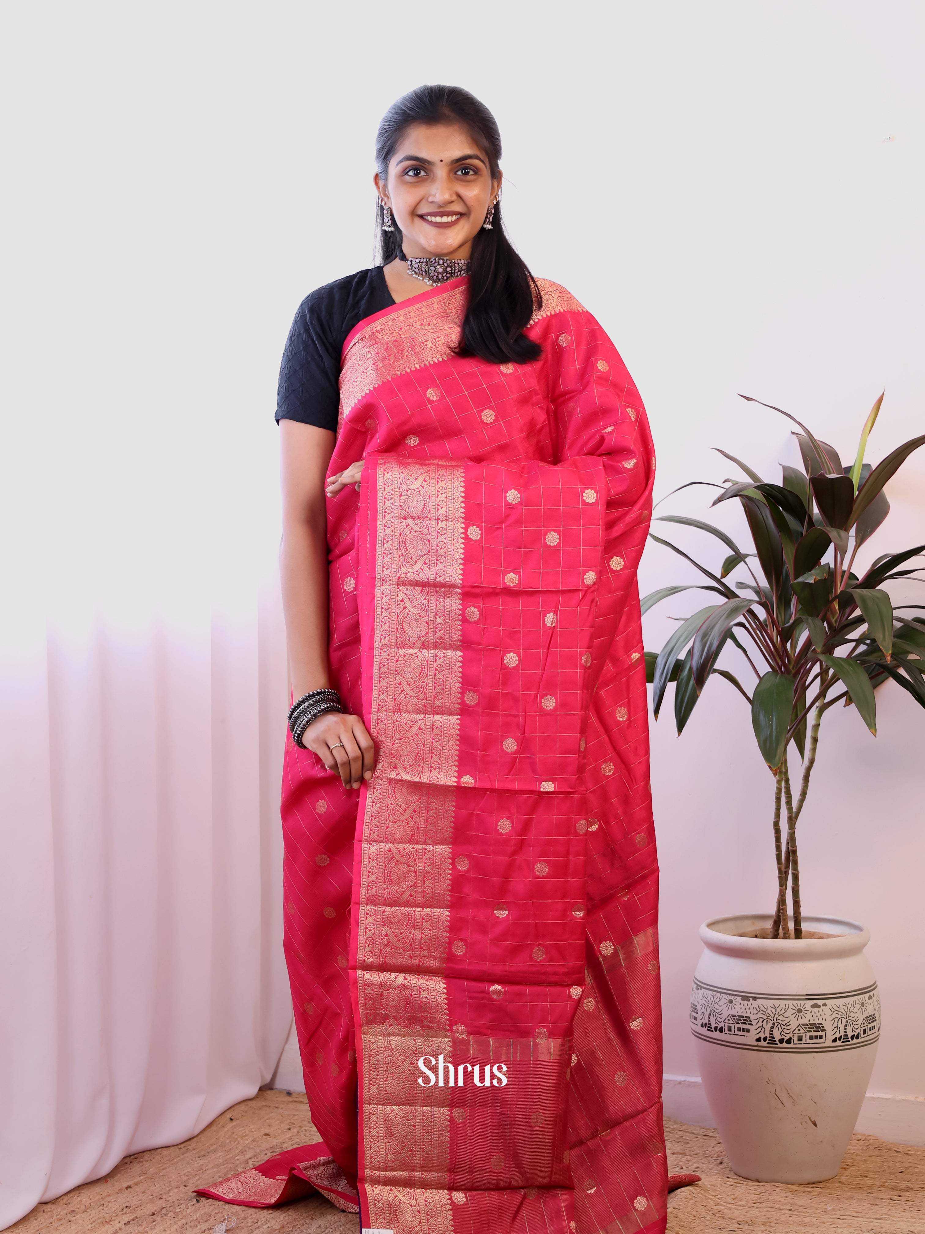 Reddish Pink & Violet- Semi Dupion Saree - Shop on Shrus.com