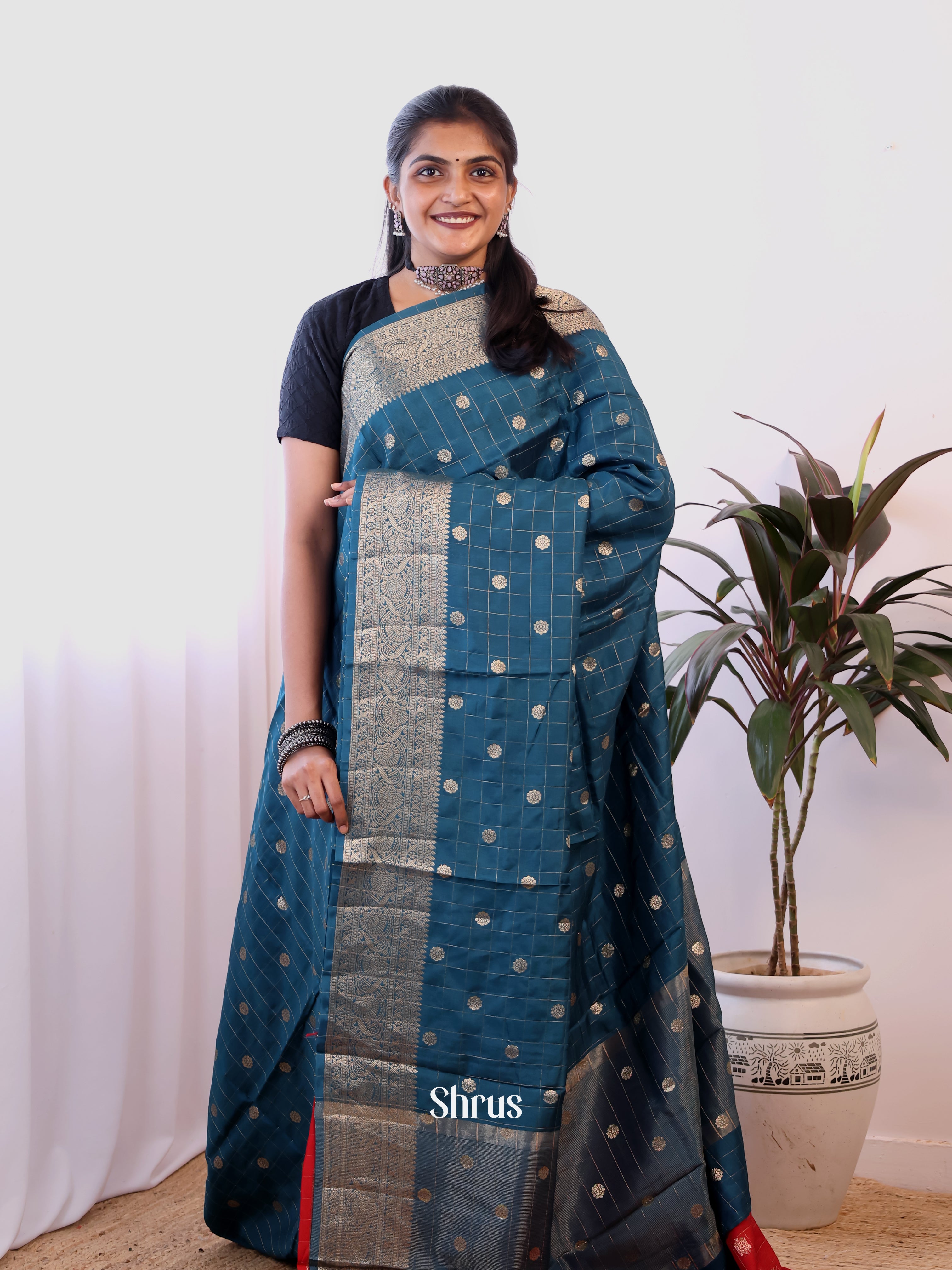 Blue & Red- Semi Dupion Saree - Shop on Shrus.com