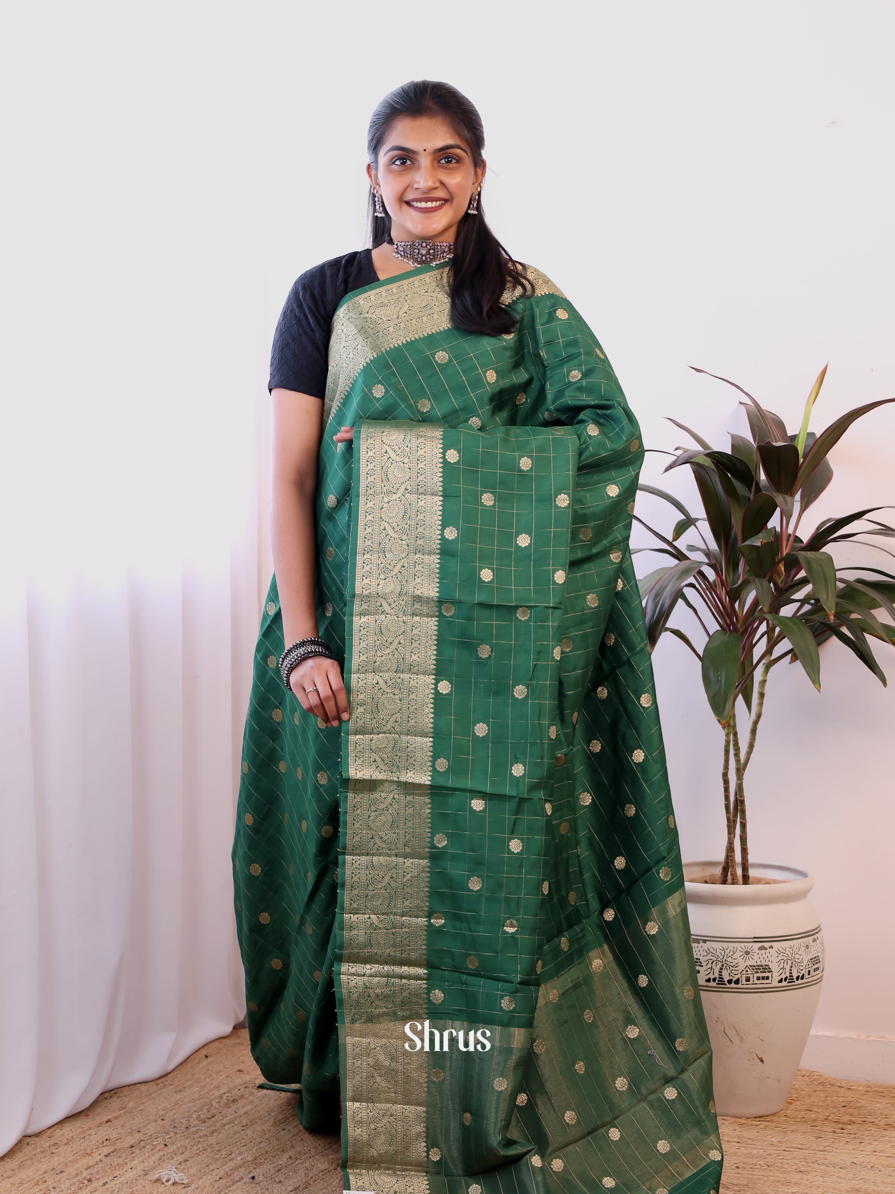 Green & Maroon- Semi Dupion Saree - Shop on Shrus.com