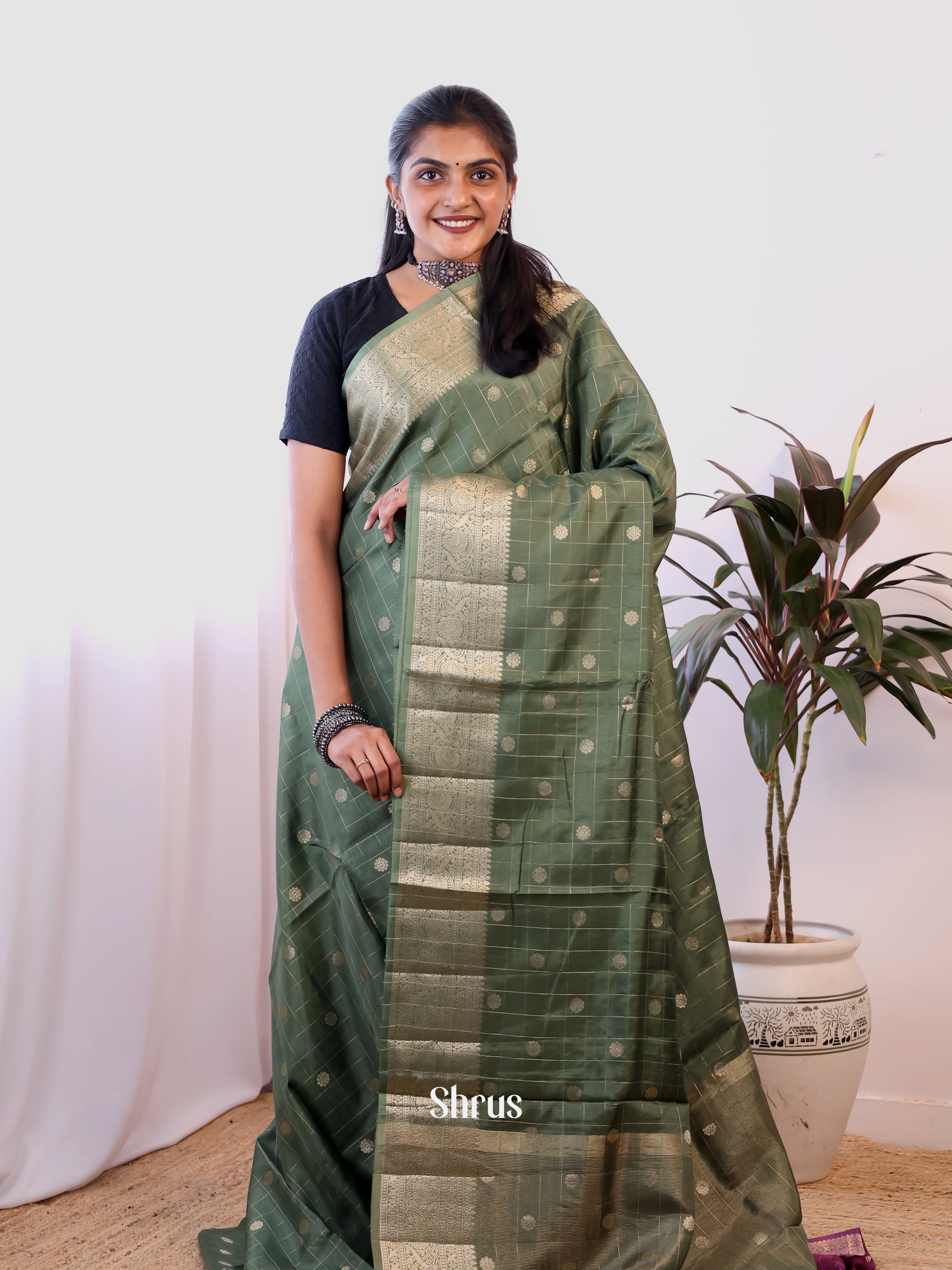 Green & Purple - Semi Dupion Saree - Shop on Shrus.com