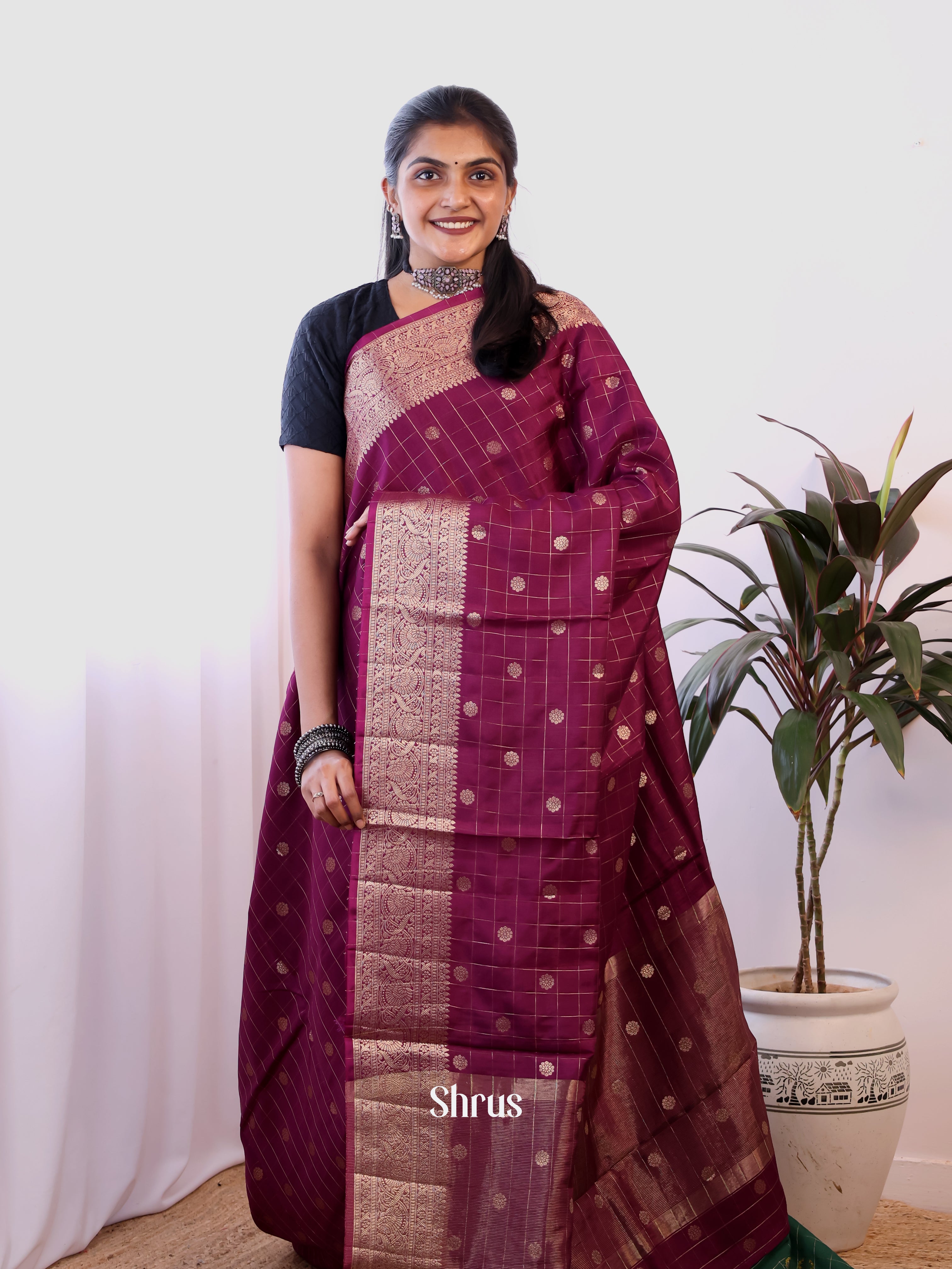 Wine & Green - Semi Dupion Saree - Shop on Shrus.com