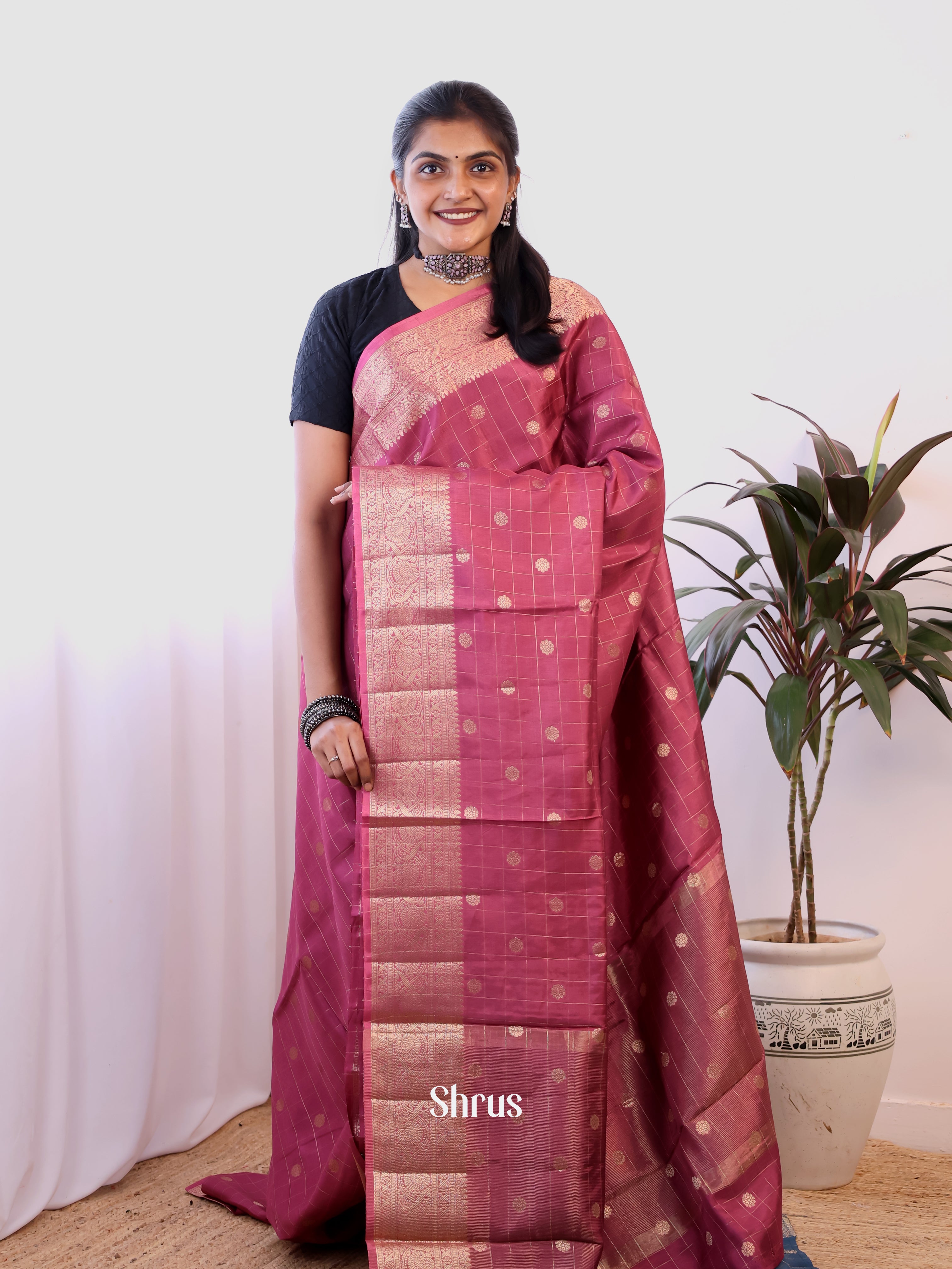 Pink & Blue - Semi Dupion Saree - Shop on Shrus.com