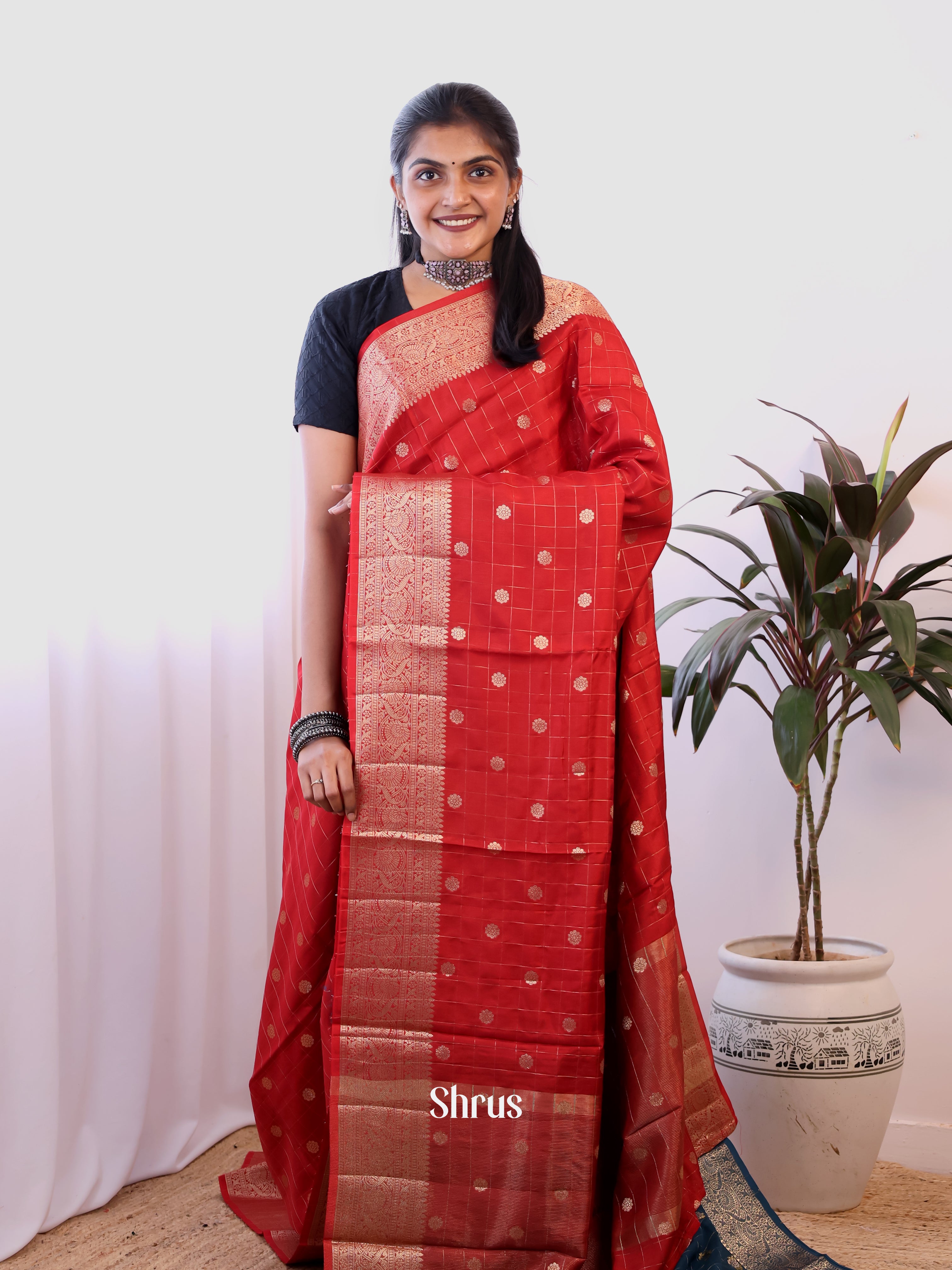 Red & Blue - Semi Dupion Saree - Shop on Shrus.com