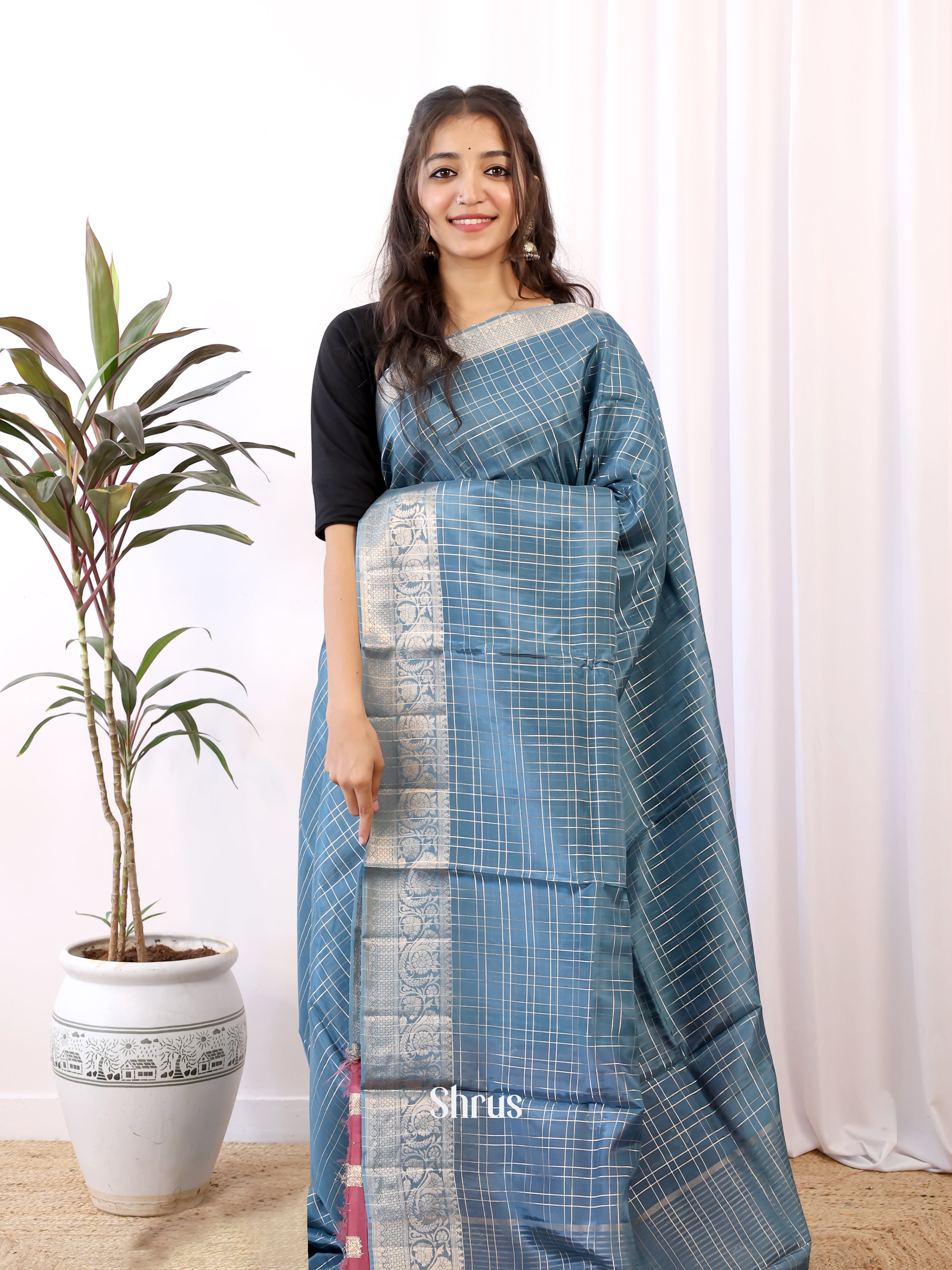 Bluish Grey & Purple- Semi Organza Saree - Shop on Shrus.com