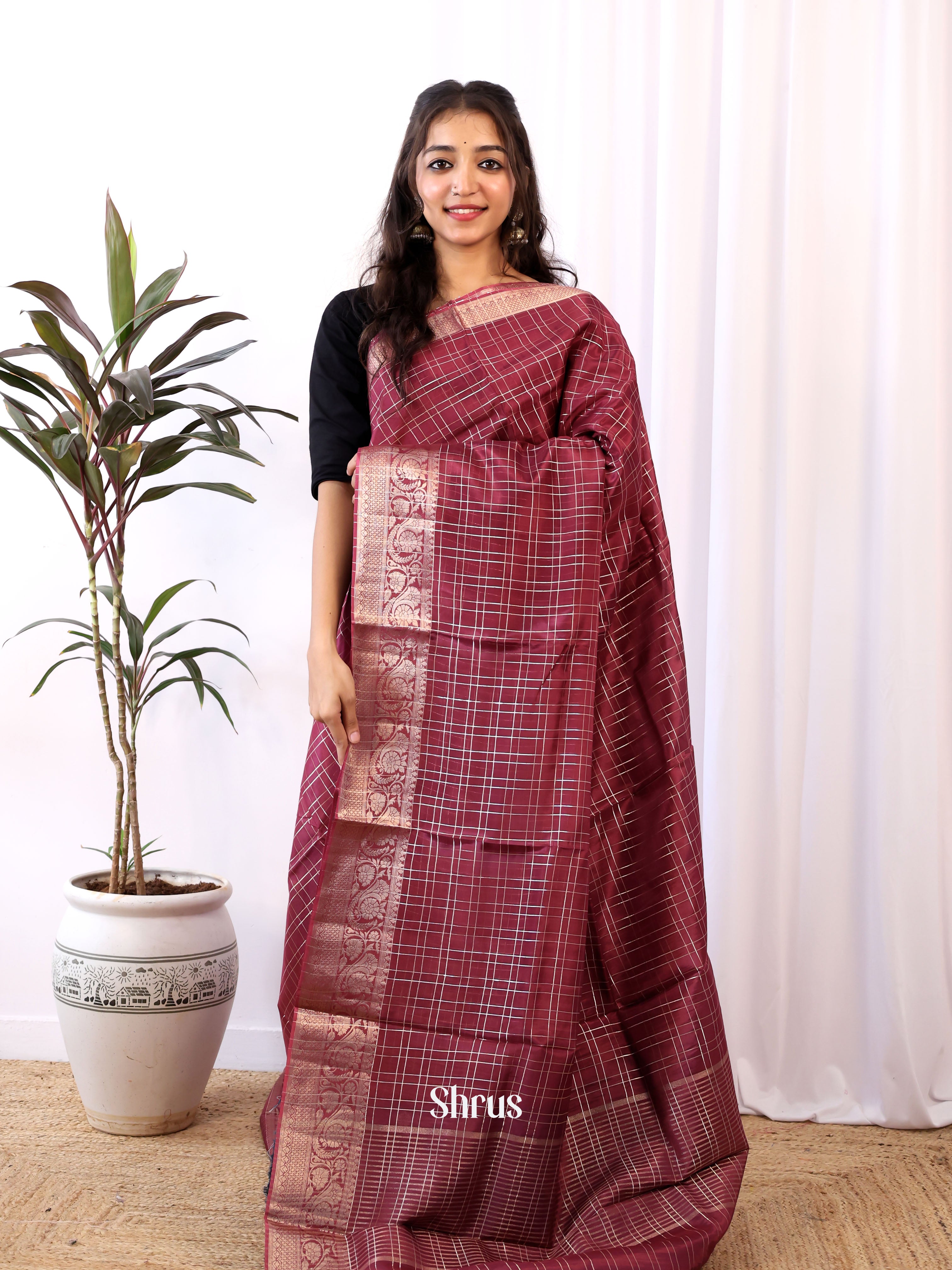 Wine & Blue - Semi Organza Saree - Shop on Shrus.com