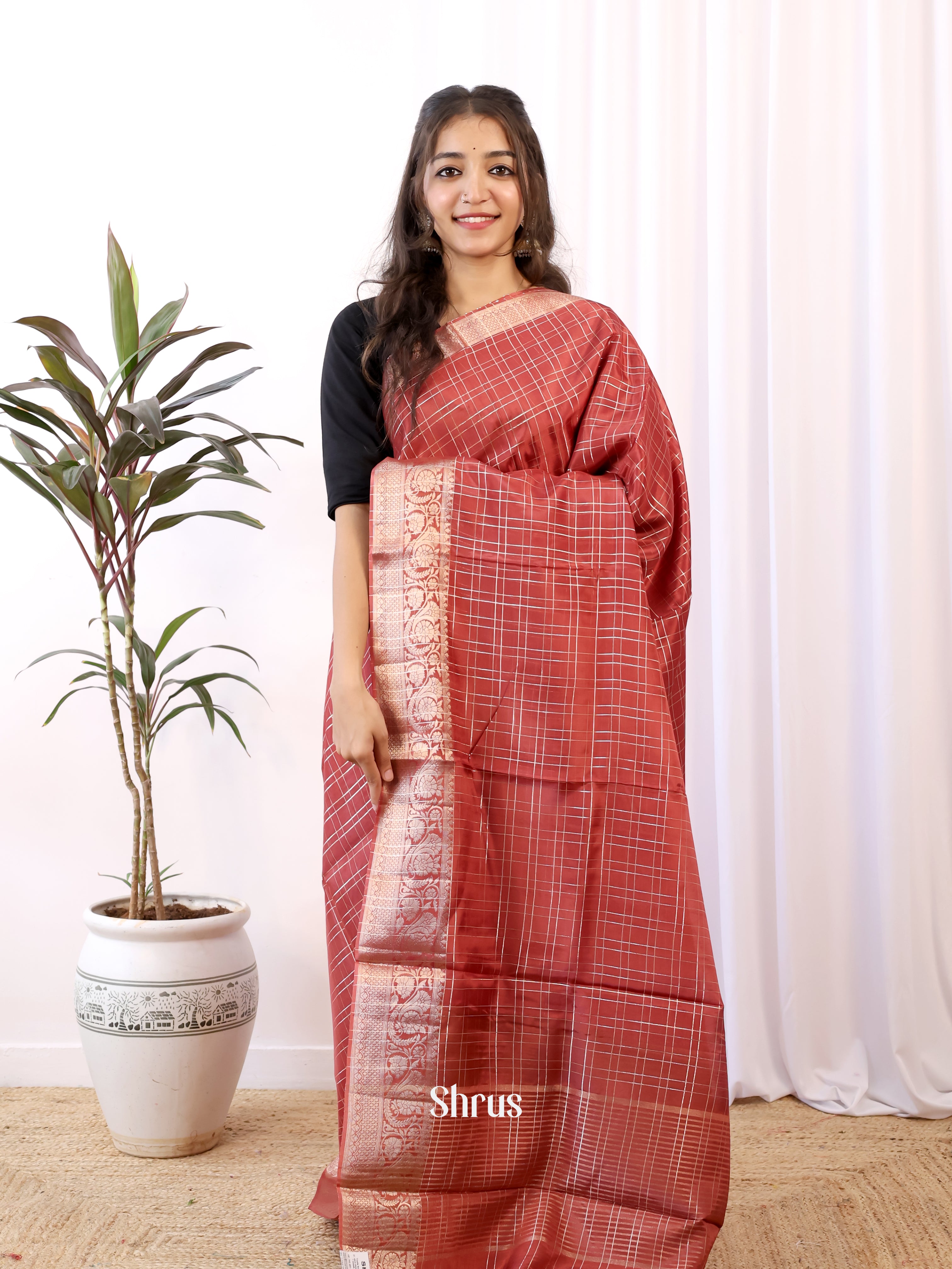Brick & Green- Semi Organza Saree - Shop on Shrus.com