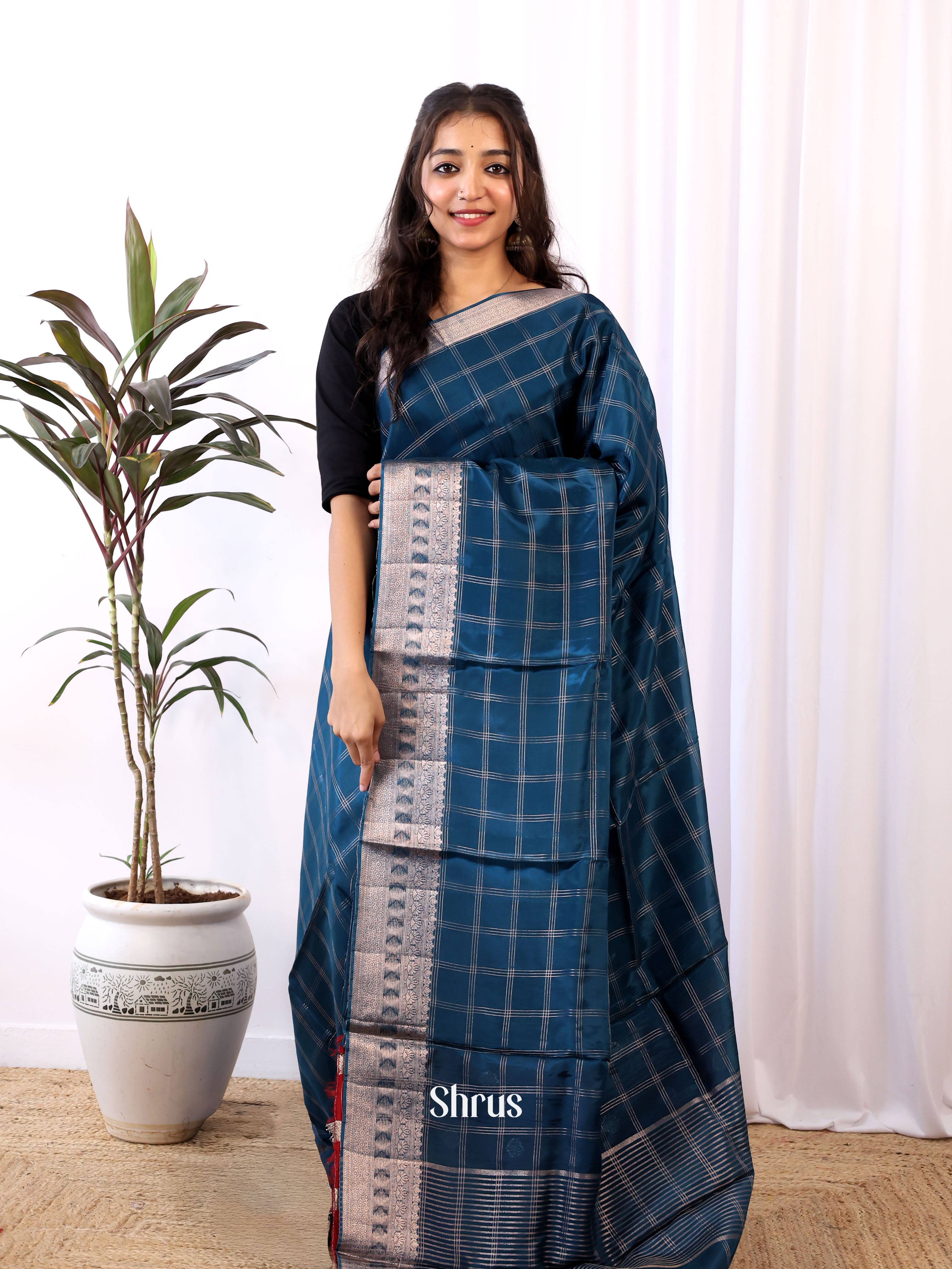 Blue & Red - Semi Organza Saree - Shop on Shrus.com