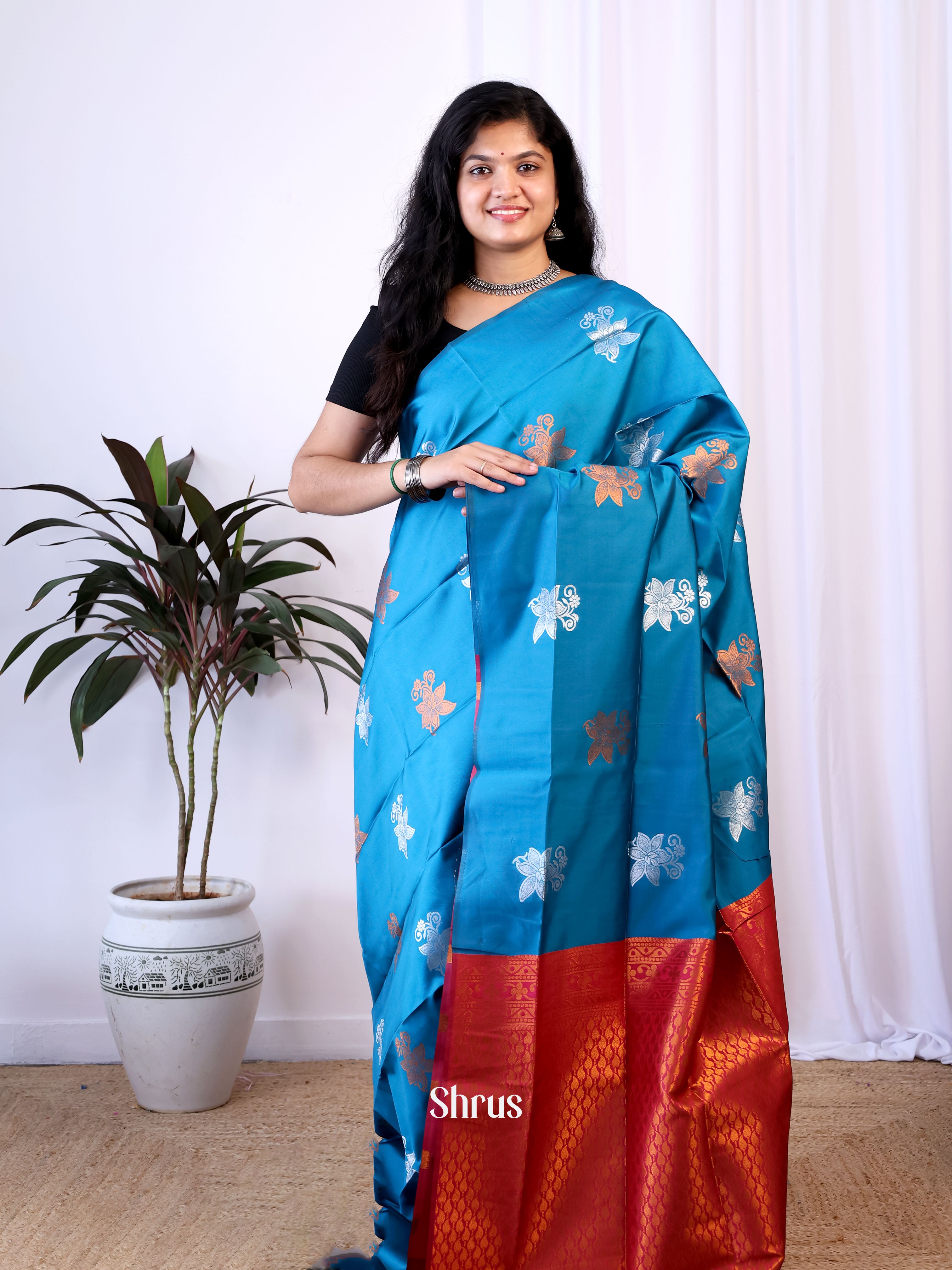 Blue & Maroon - Semi Softsilk Saree - Shop on Shrus.com