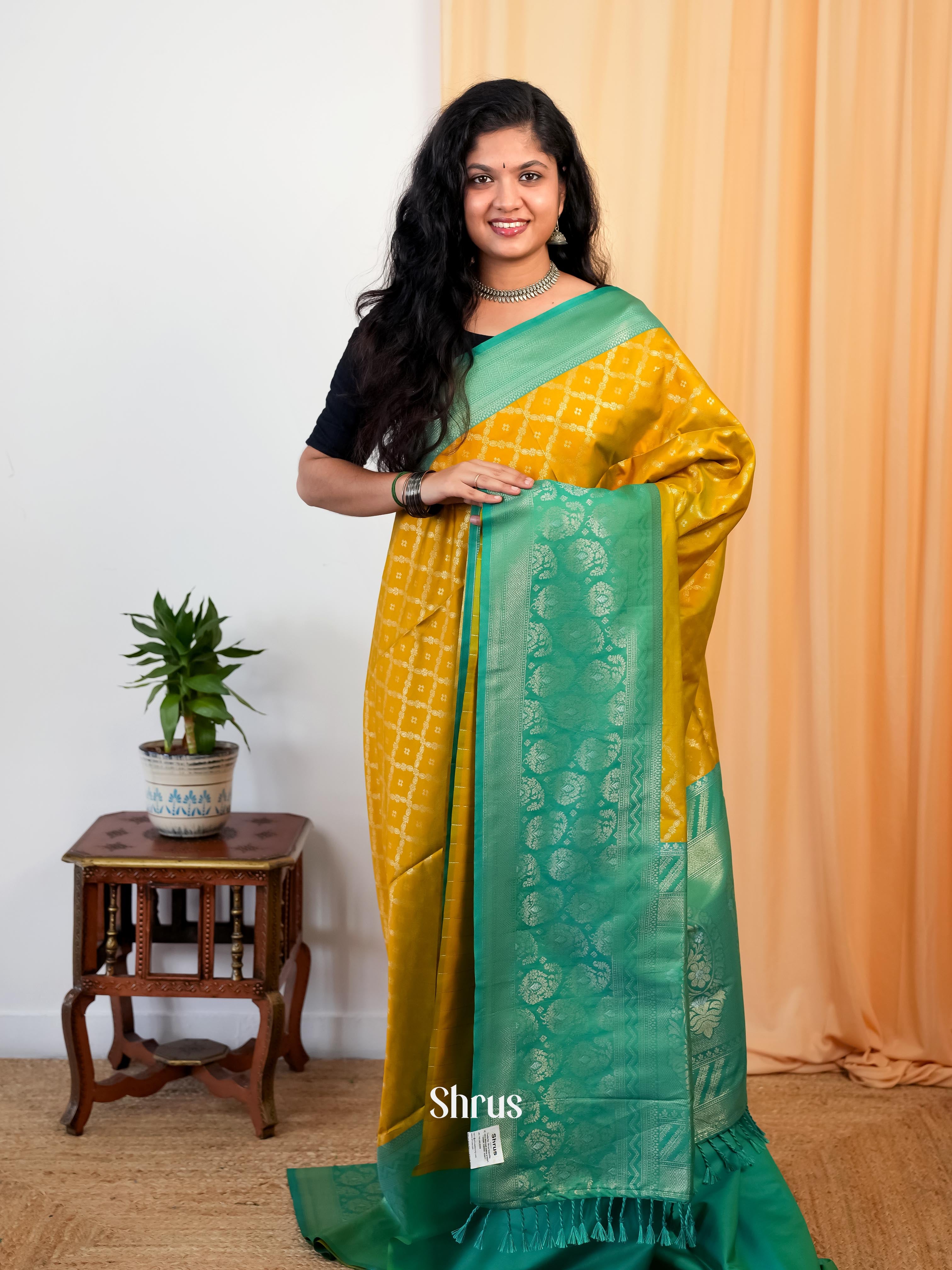 Mustard & Green- Semi Softsilk Saree - Shop on Shrus.com