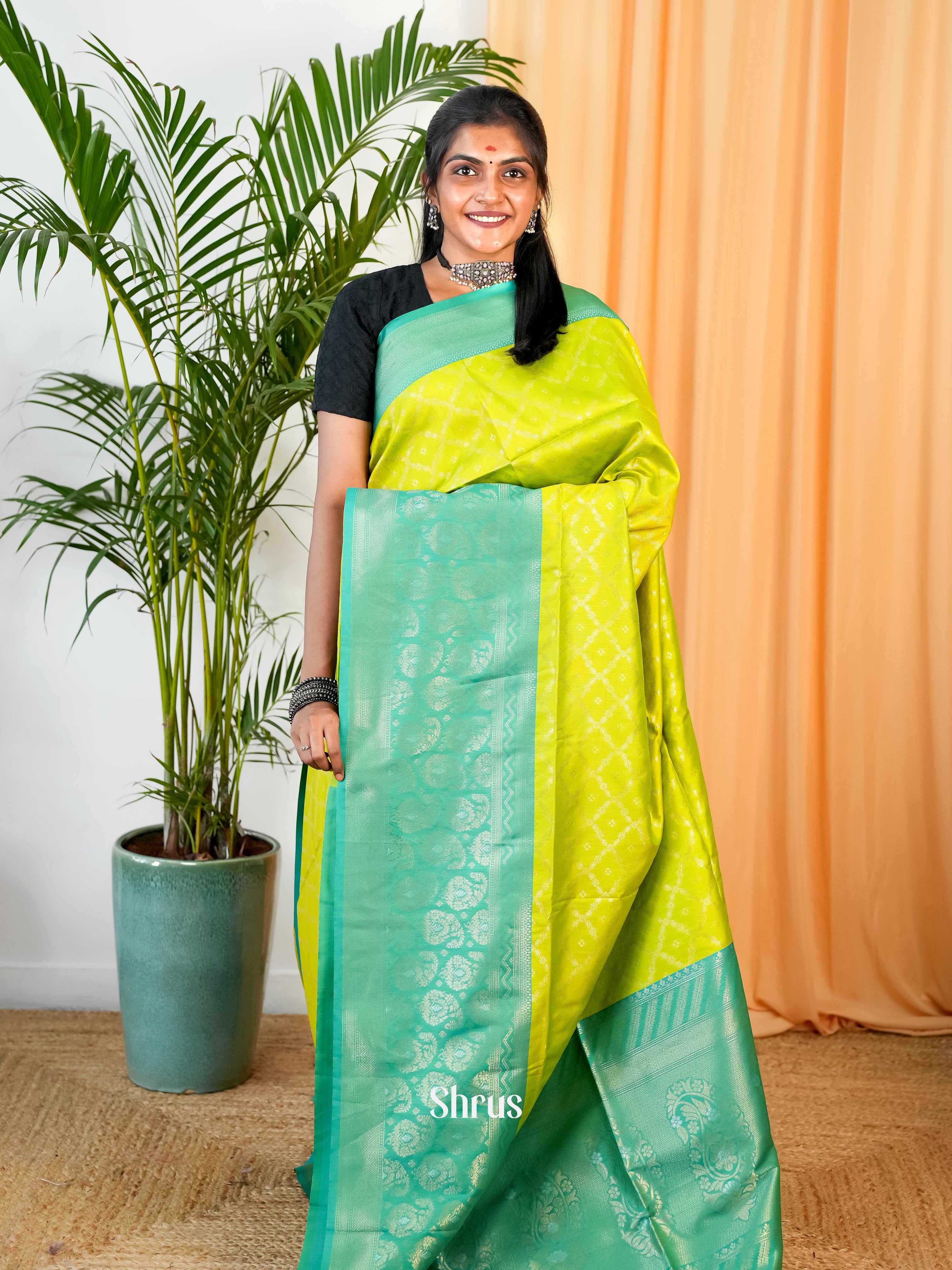 Lime Green & Green - Semi Softsilk Saree - Shop on Shrus.com