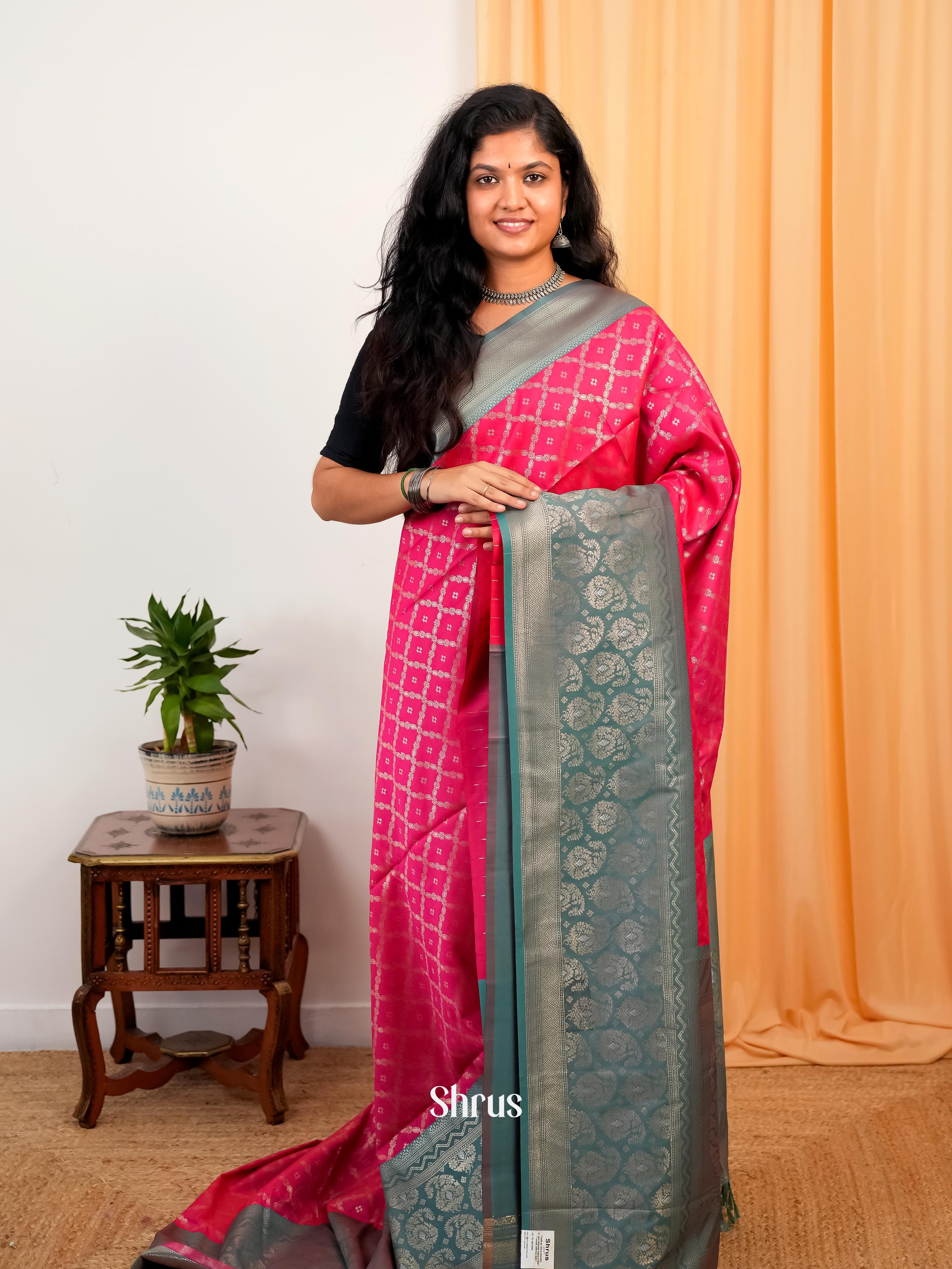 Pink & Grey- Semi Softsilk Saree - Shop on Shrus.com