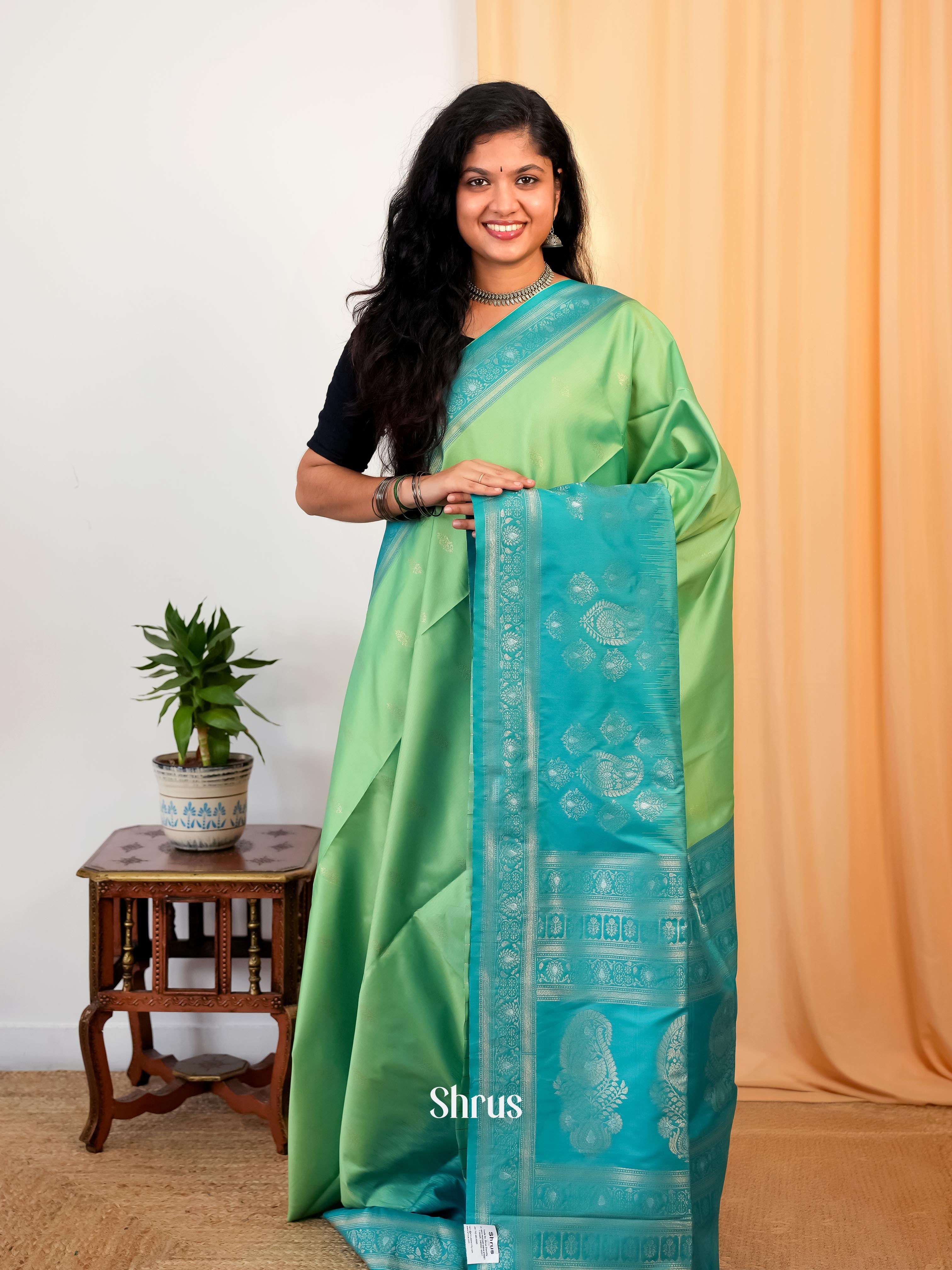 Pista Green & Teal - Semi Softsilk Saree - Shop on Shrus.com