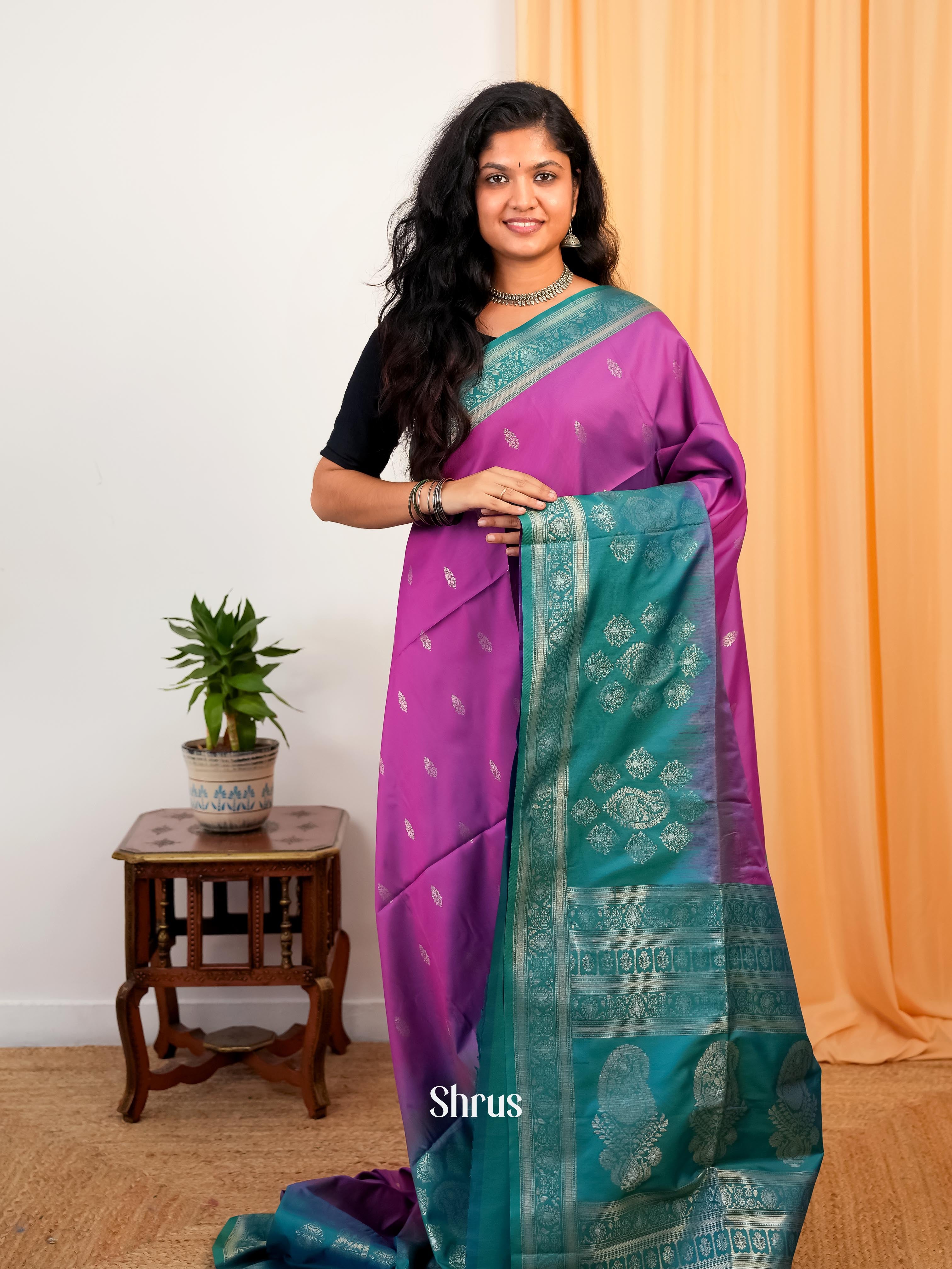 Purple & Blue- Semi Softsilk Saree - Shop on Shrus.com