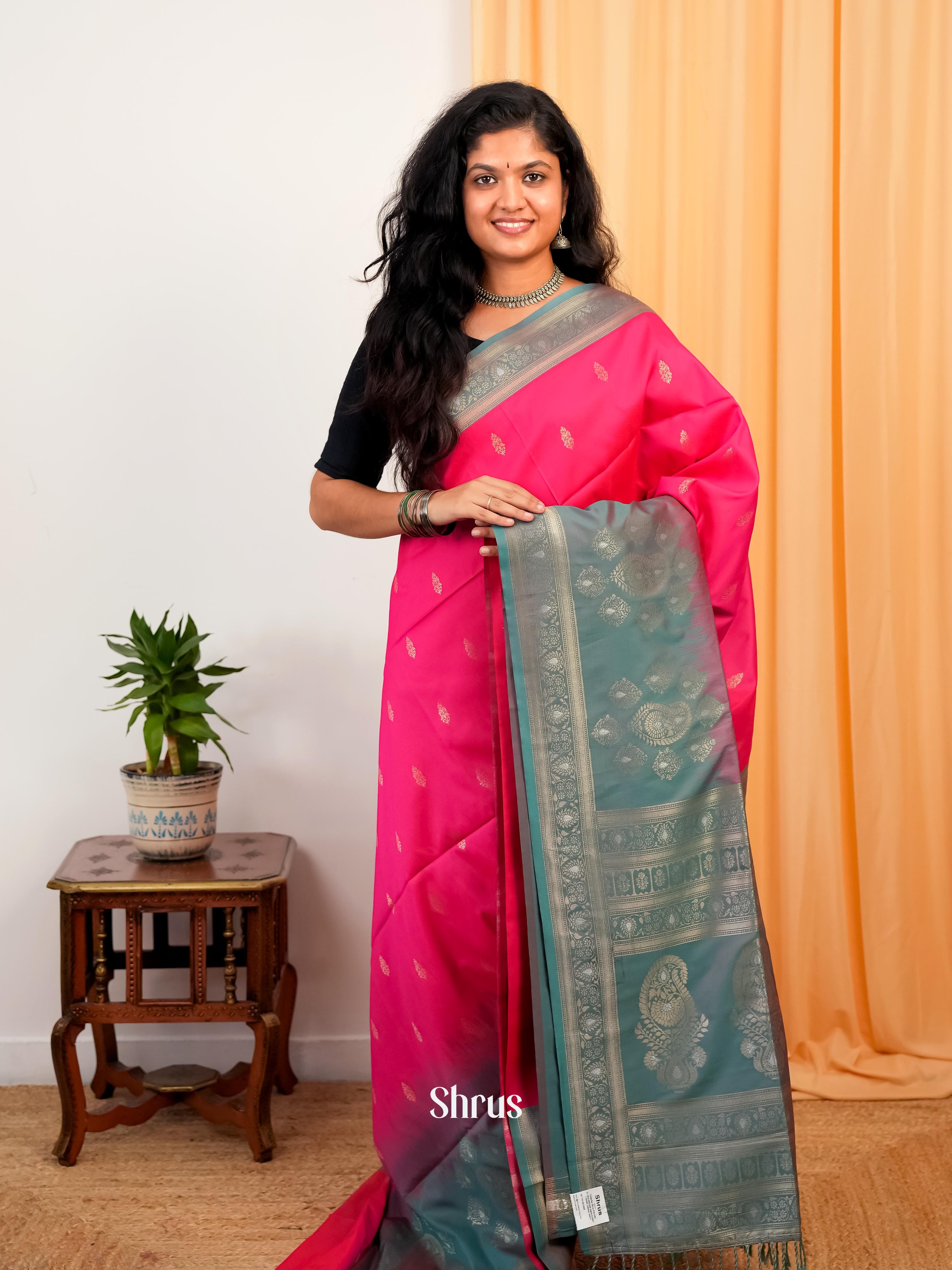 Pink & Grey- Semi Softsilk Saree - Shop on Shrus.com