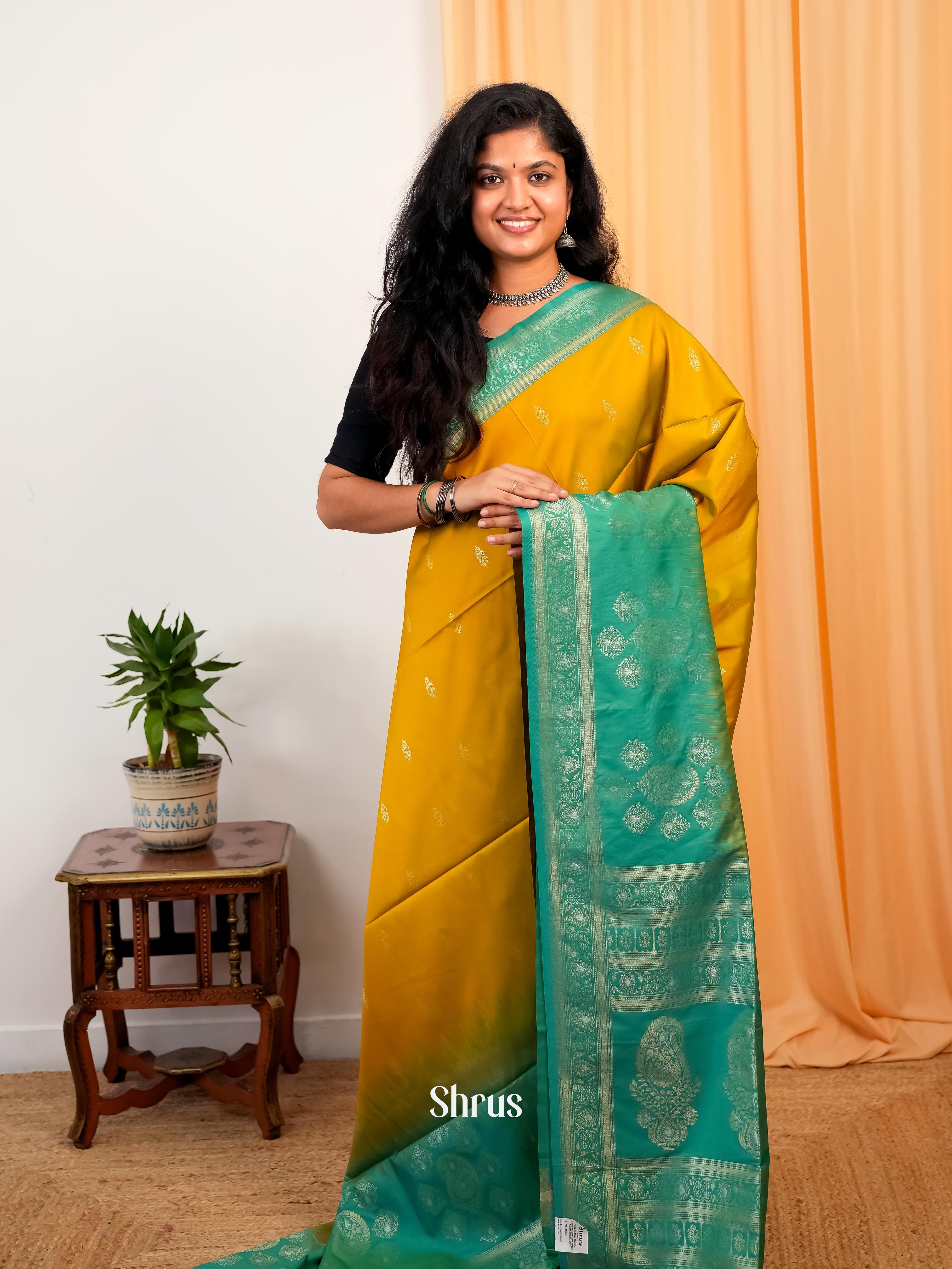 Mustard & Green - Semi Softsilk Saree - Shop on Shrus.com