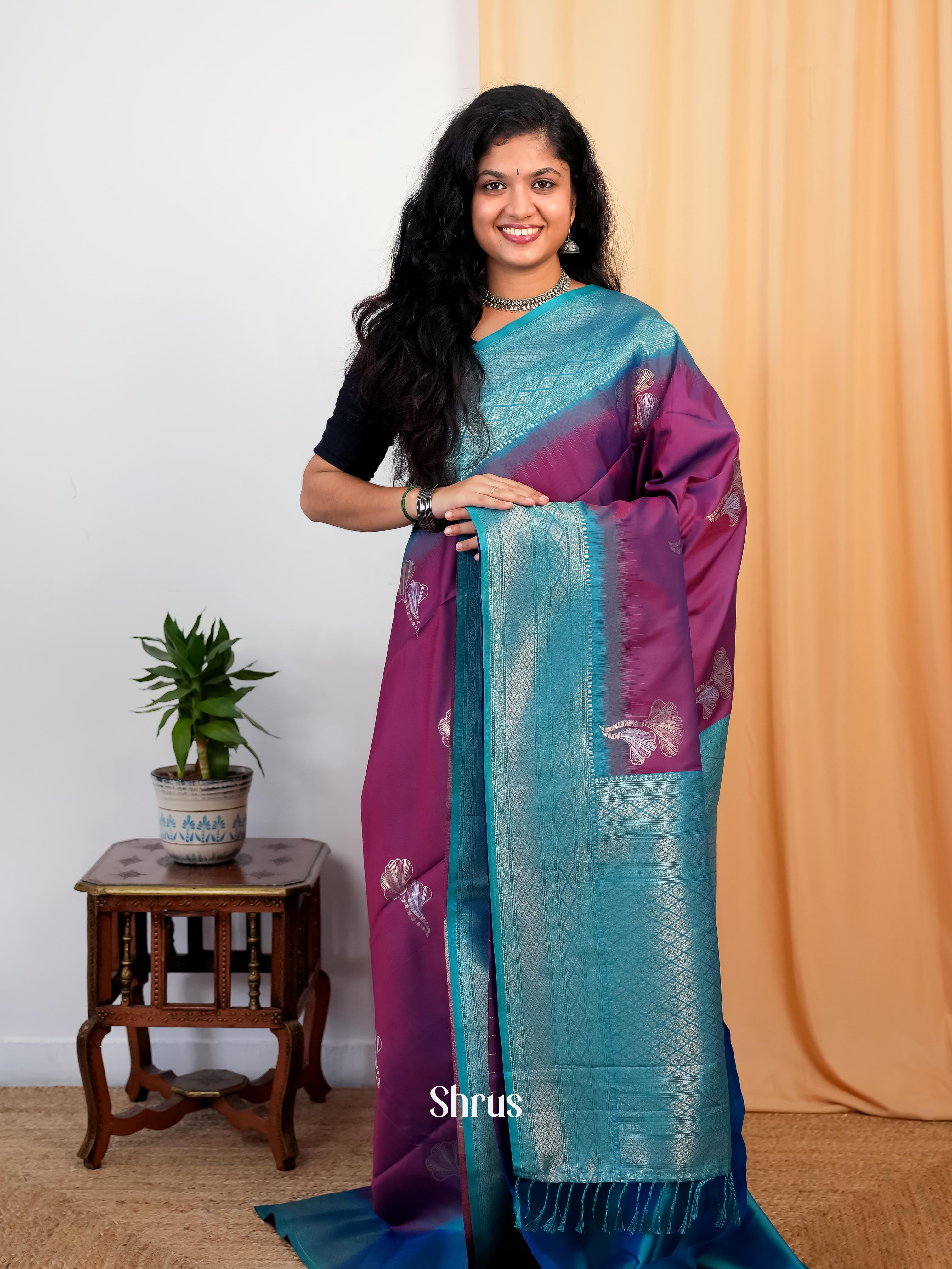 Purple & Blue - Semi Softsilk Saree - Shop on Shrus.com