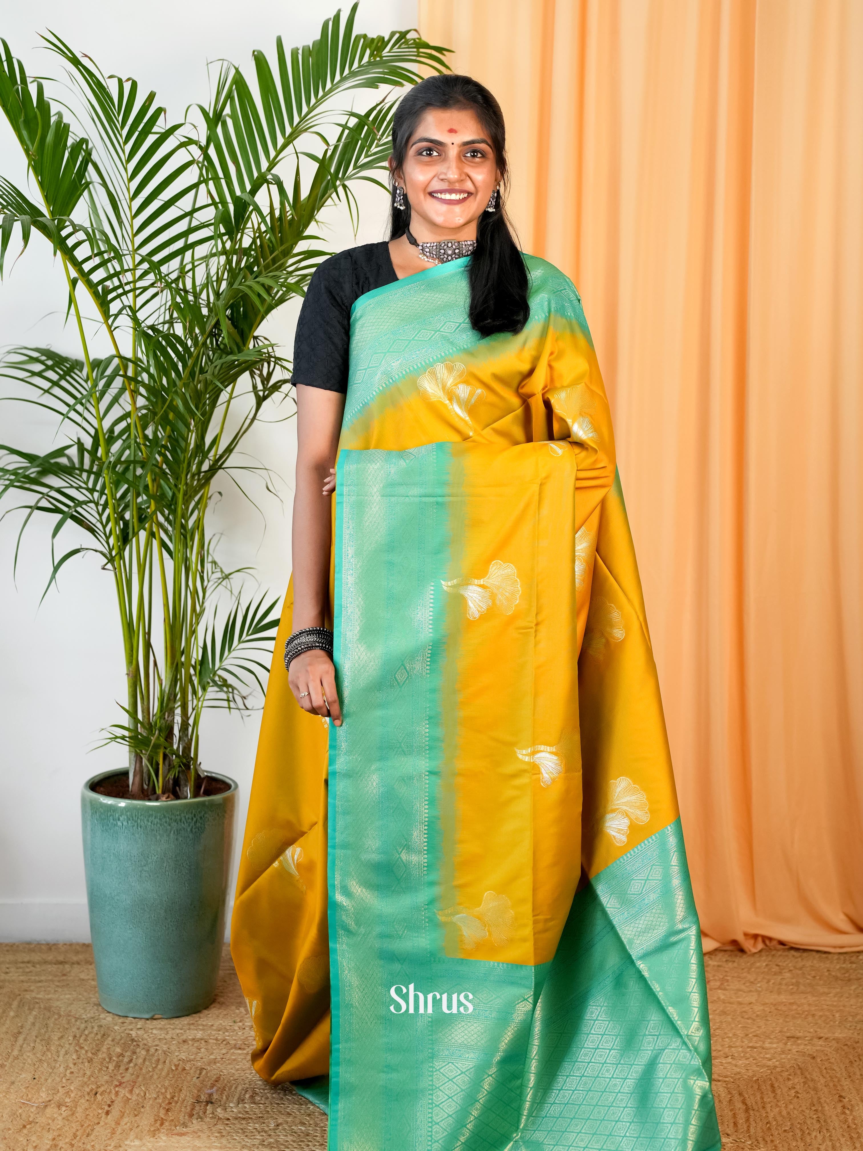 Mustard & Green- Semi Softsilk Saree - Shop on Shrus.com