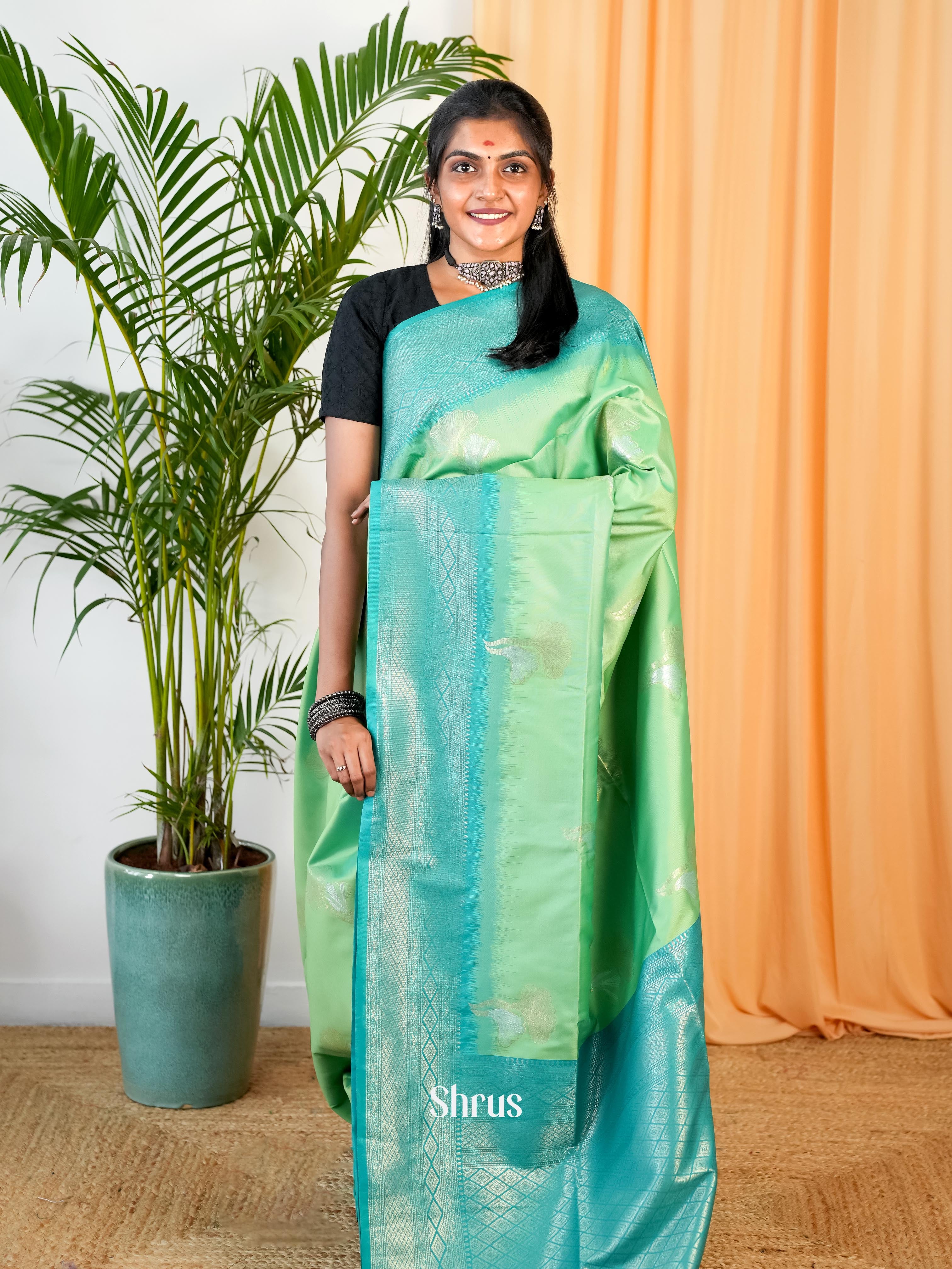 Pista Green & Teal- Semi Softsilk Saree - Shop on Shrus.com