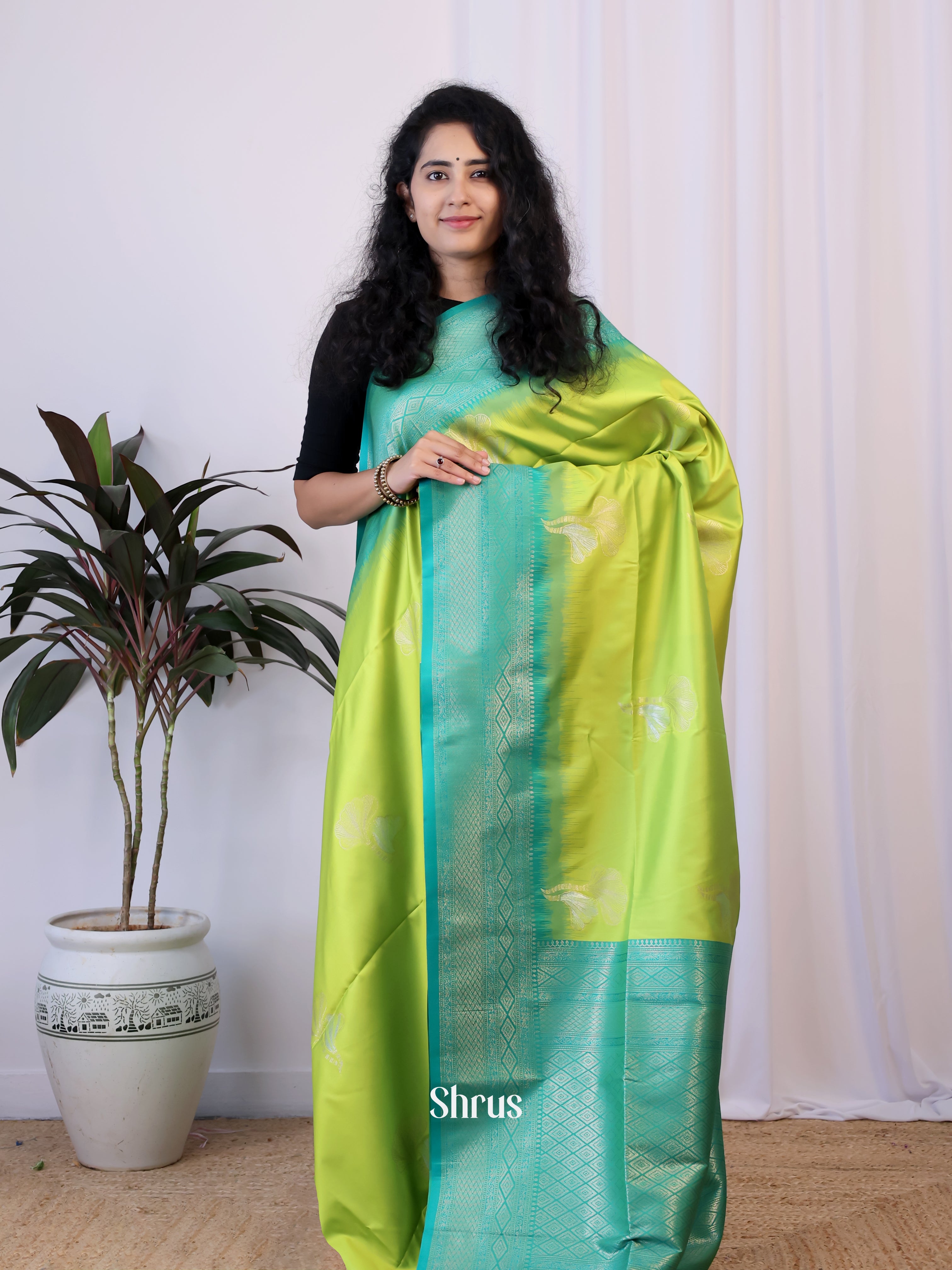 Lime Green & Green - Semi Softsilk Saree - Shop on Shrus.com