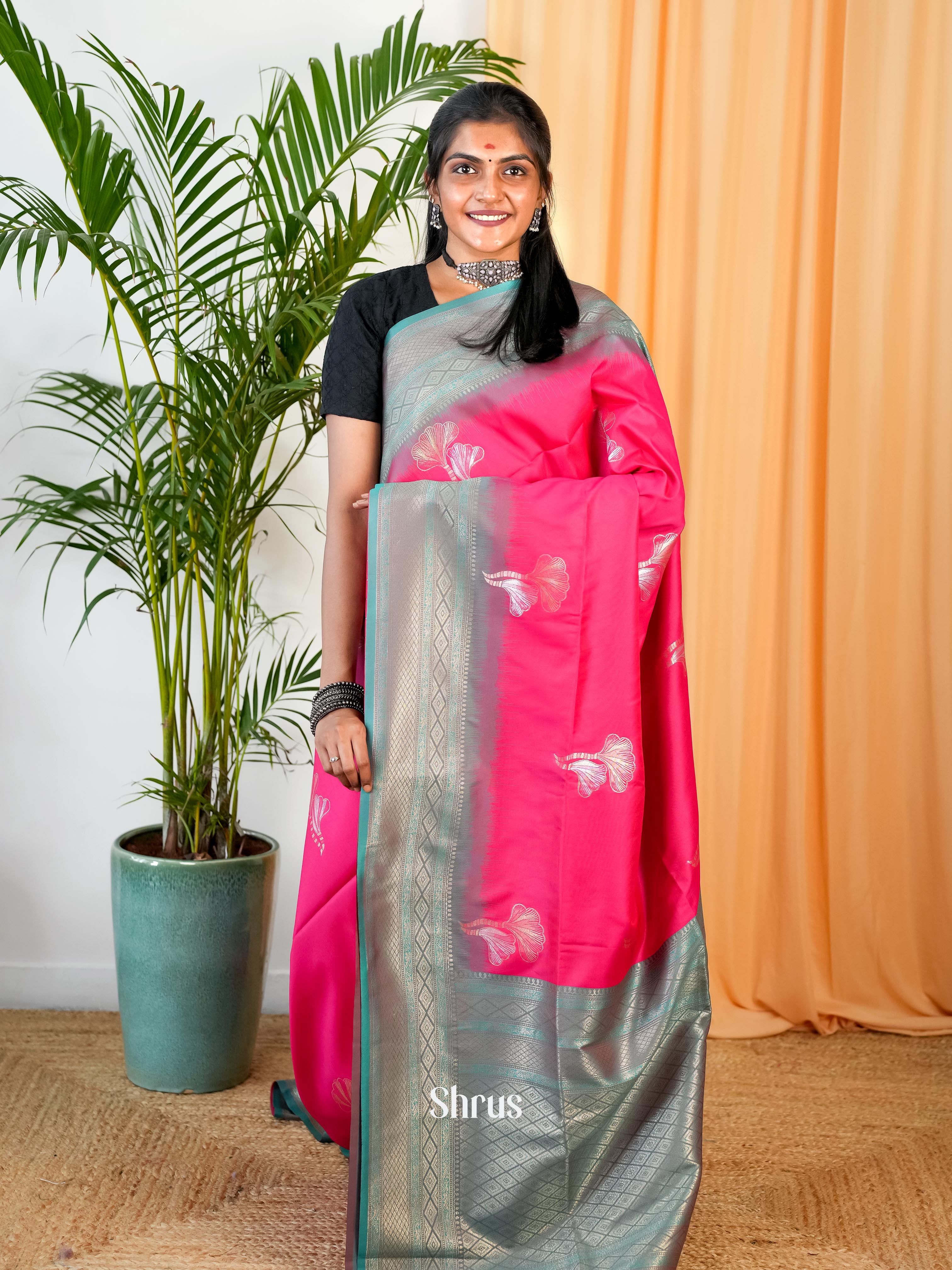 Pink & Grey- Semi Softsilk Saree - Shop on Shrus.com