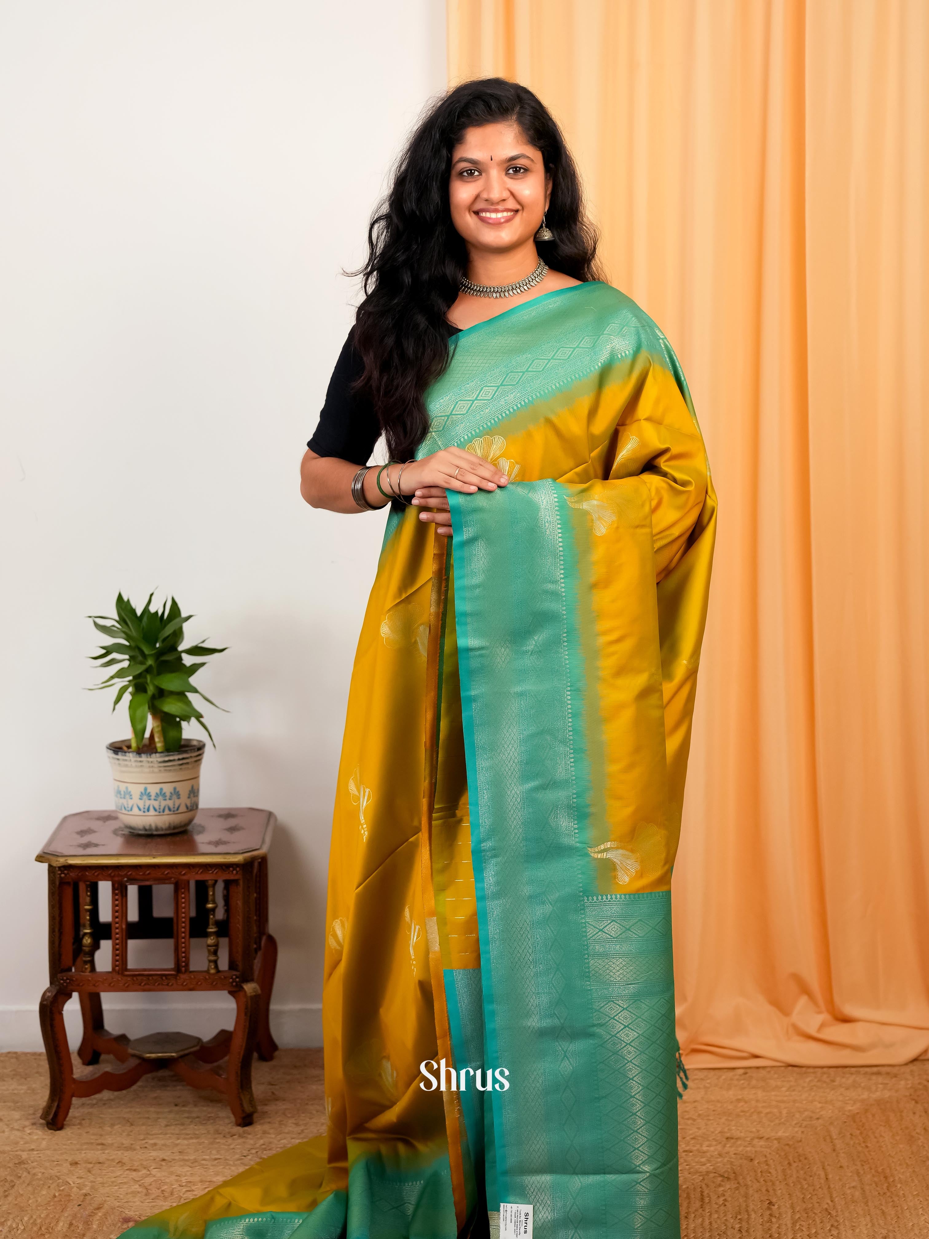 Mustard & Green- Semi Softsilk Saree - Shop on Shrus.com