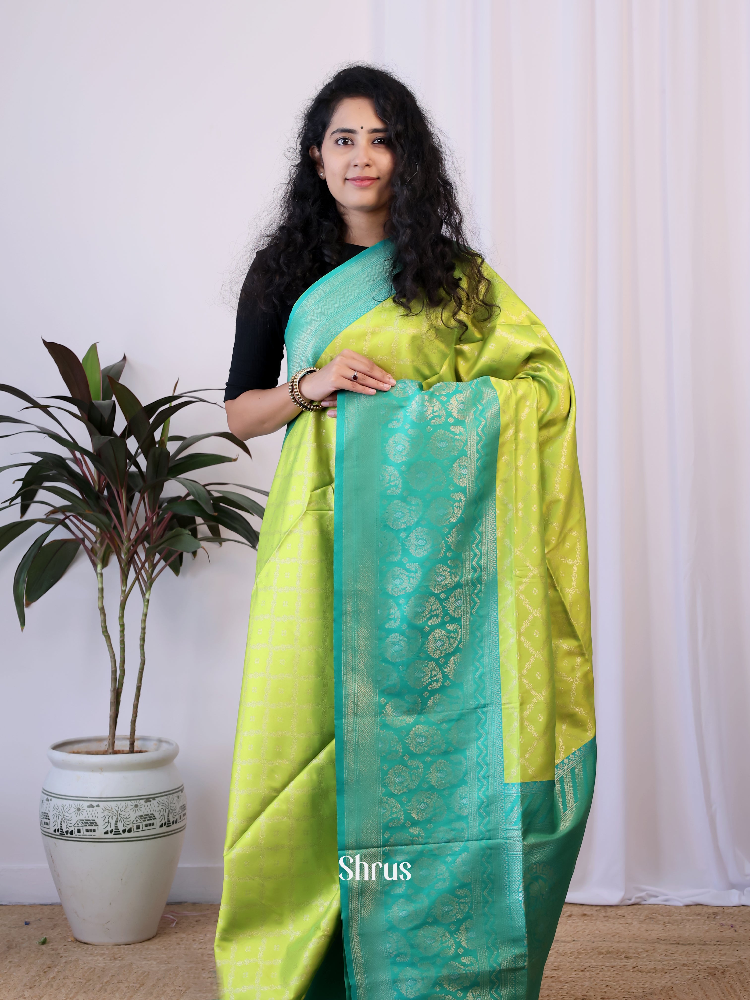 Lime Green & Green - Semi Softsilk Saree - Shop on Shrus.com