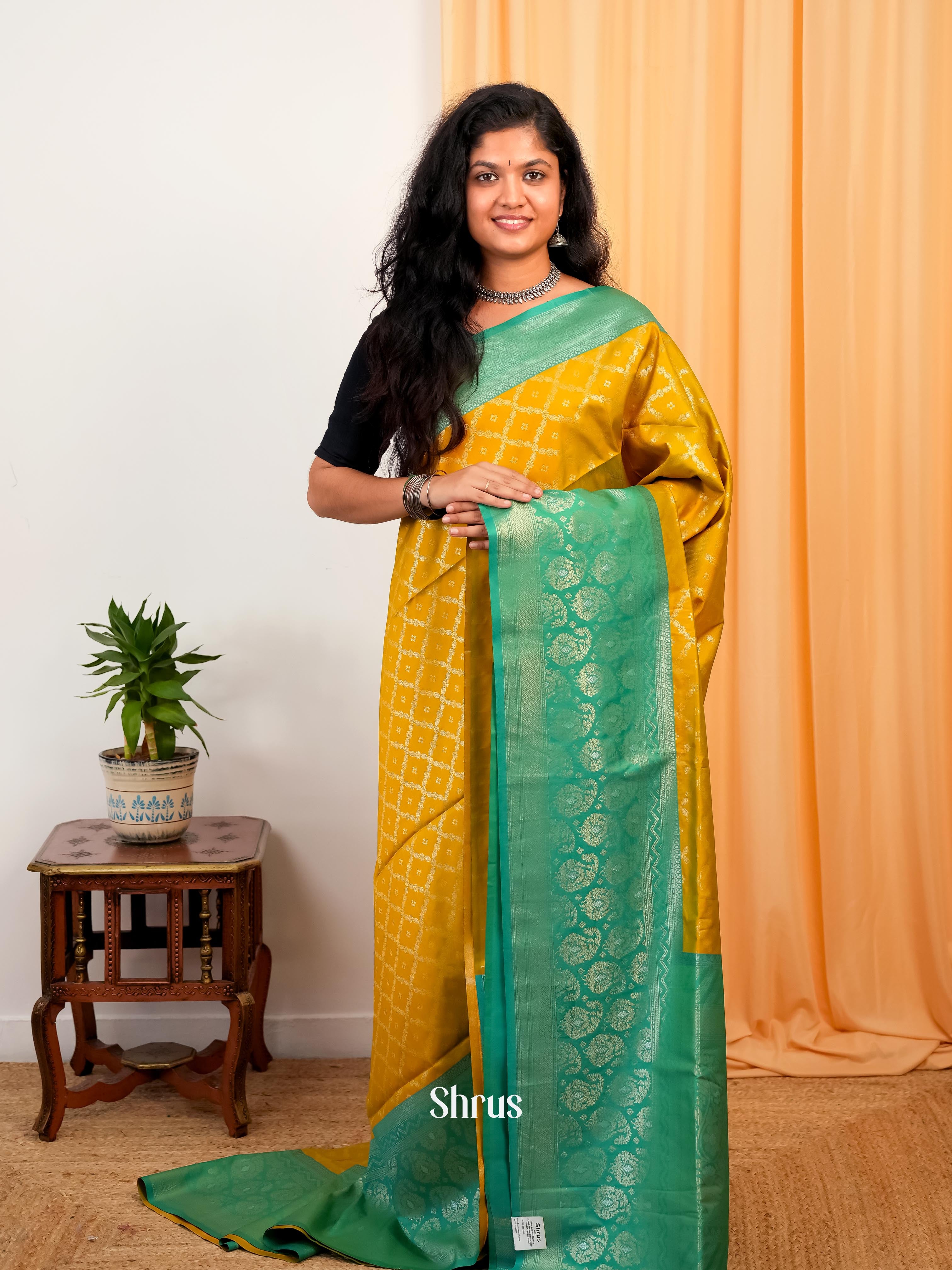 Mustard & Green - Semi Softsilk Saree - Shop on Shrus.com