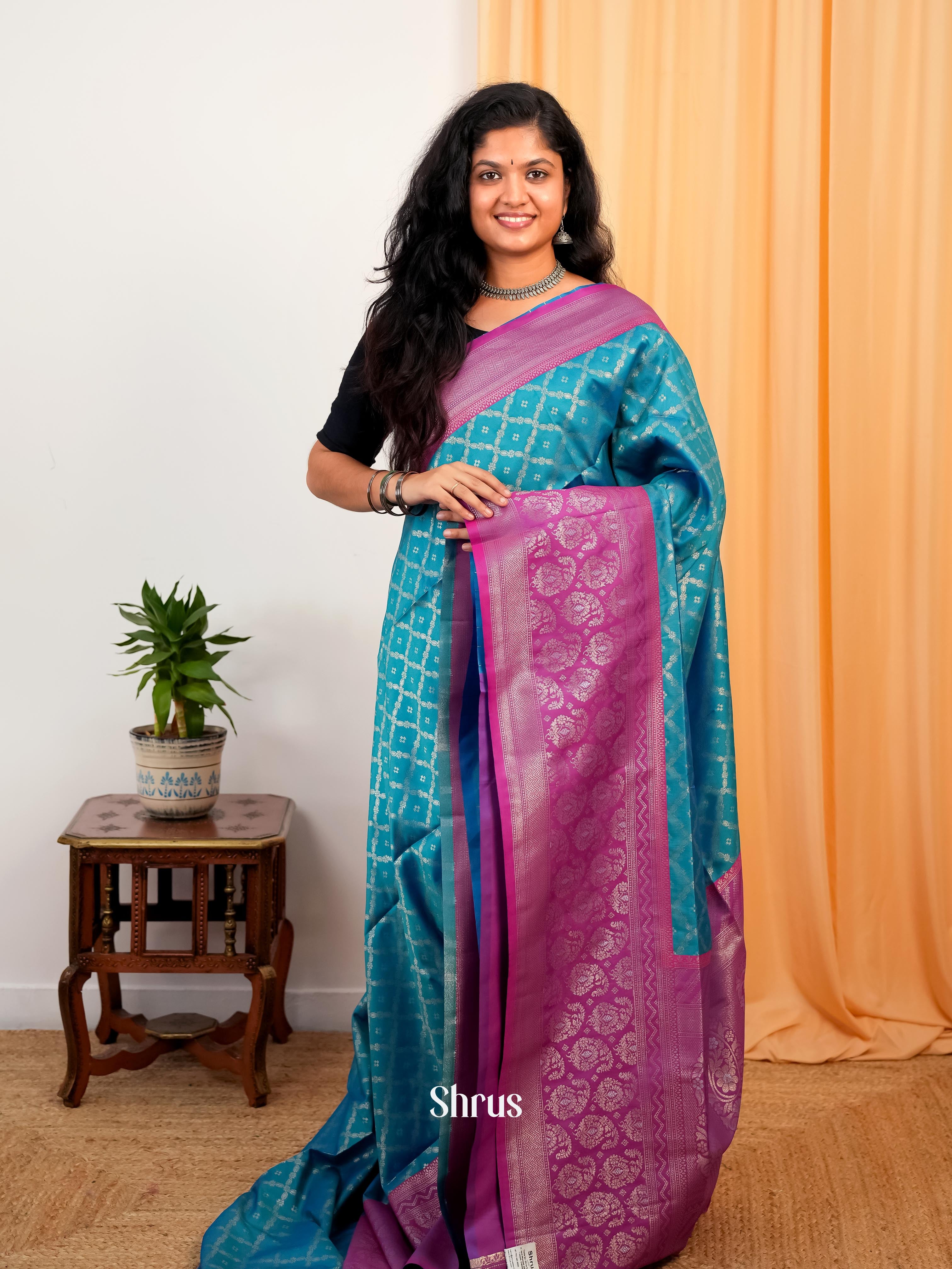 Blue & Purple - Semi Softsilk Saree - Shop on Shrus.com