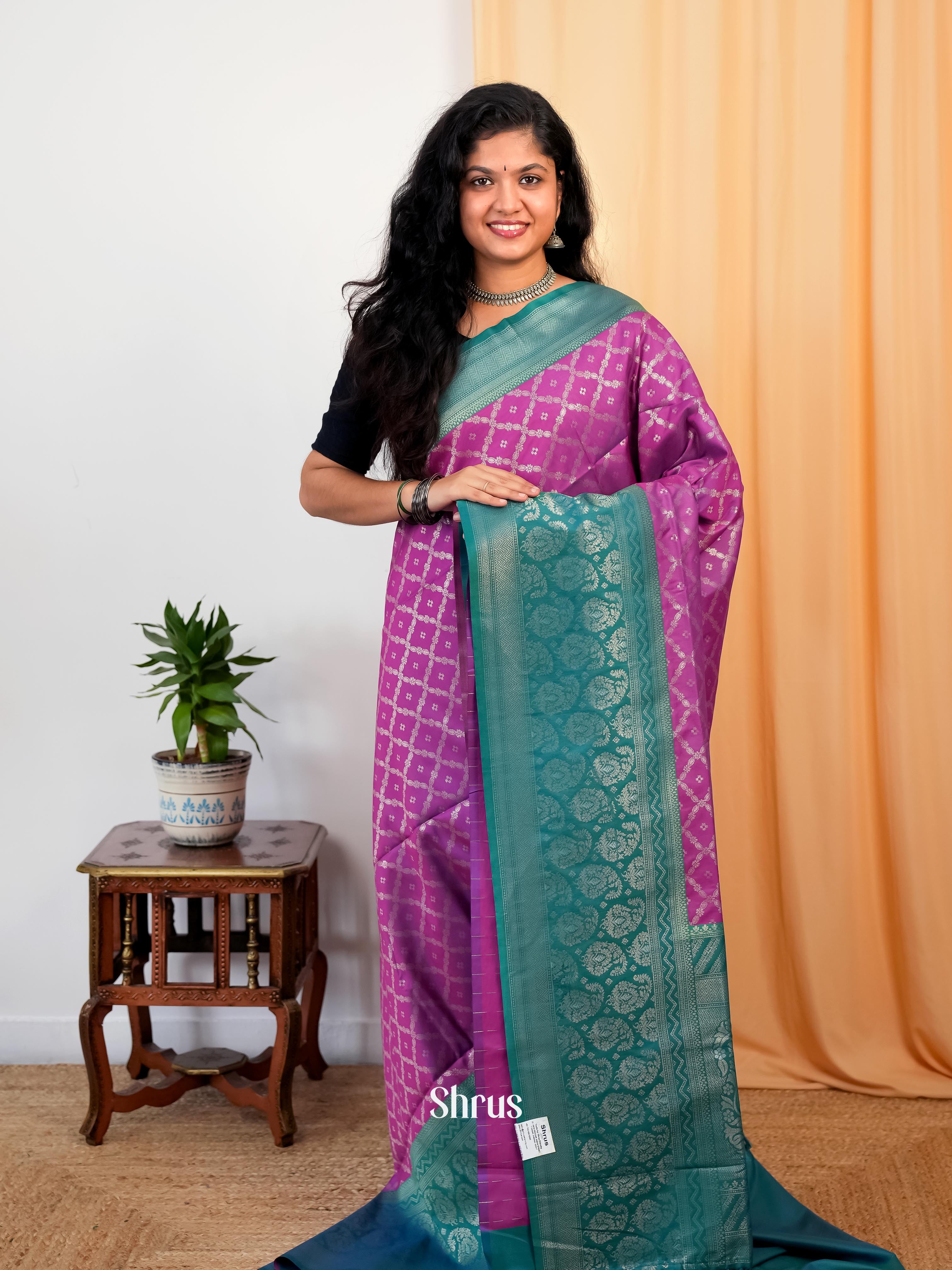 Majenta & Green - Semi Softsilk Saree - Shop on Shrus.com
