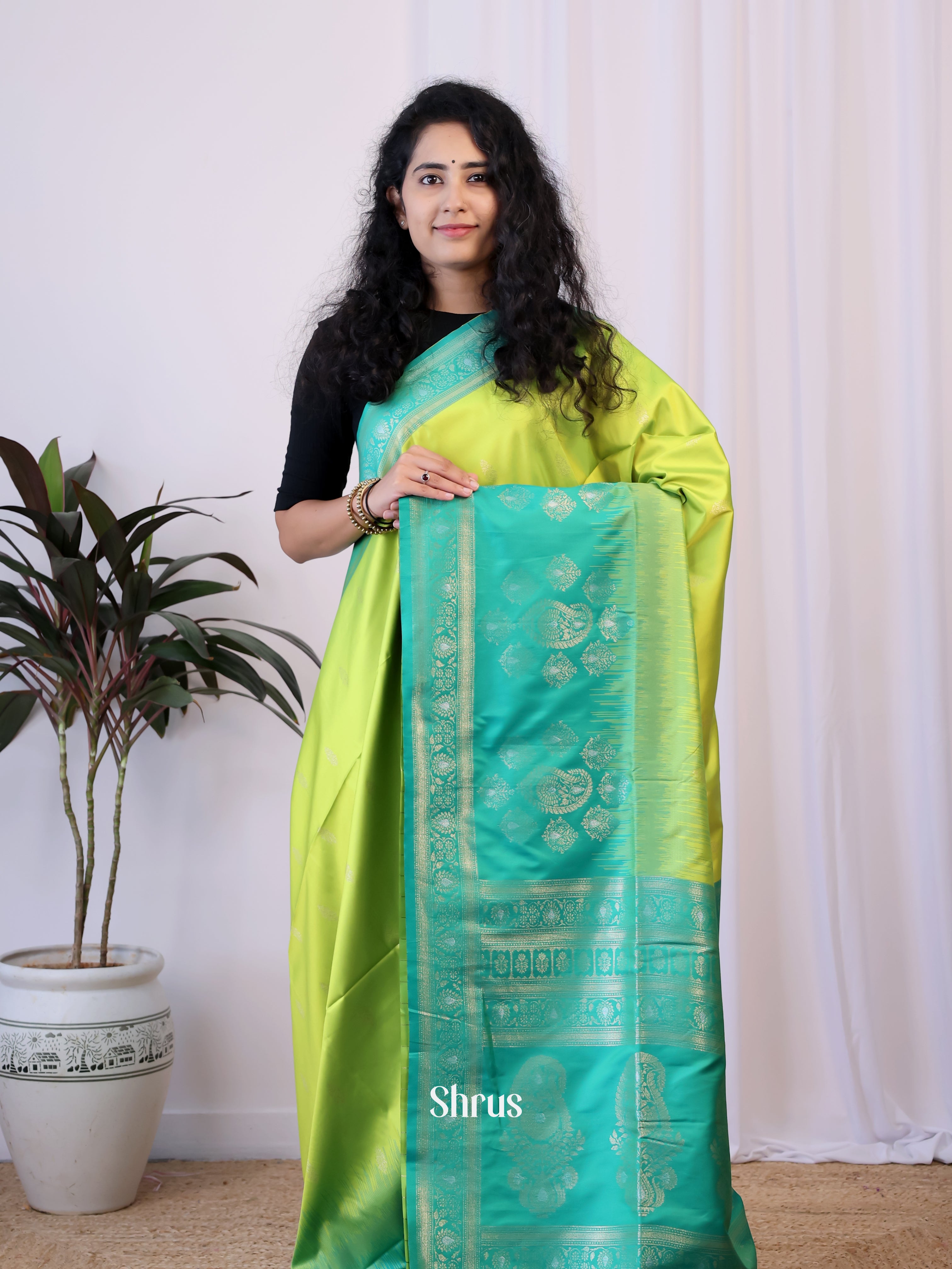 Lime Green & Green - Semi Softsilk Saree - Shop on Shrus.com