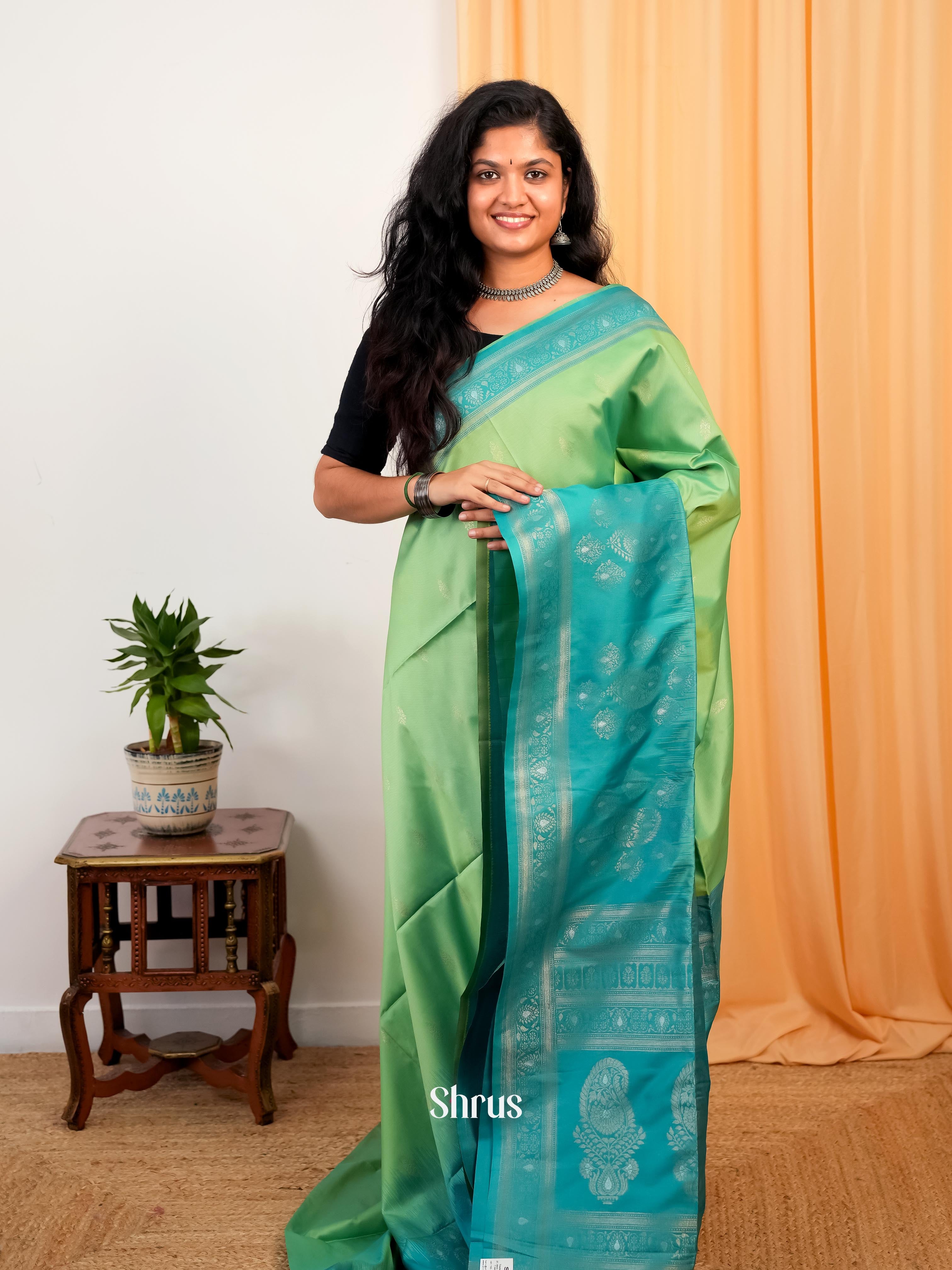 Pista Green & Teal - Semi Softsilk Saree - Shop on Shrus.com