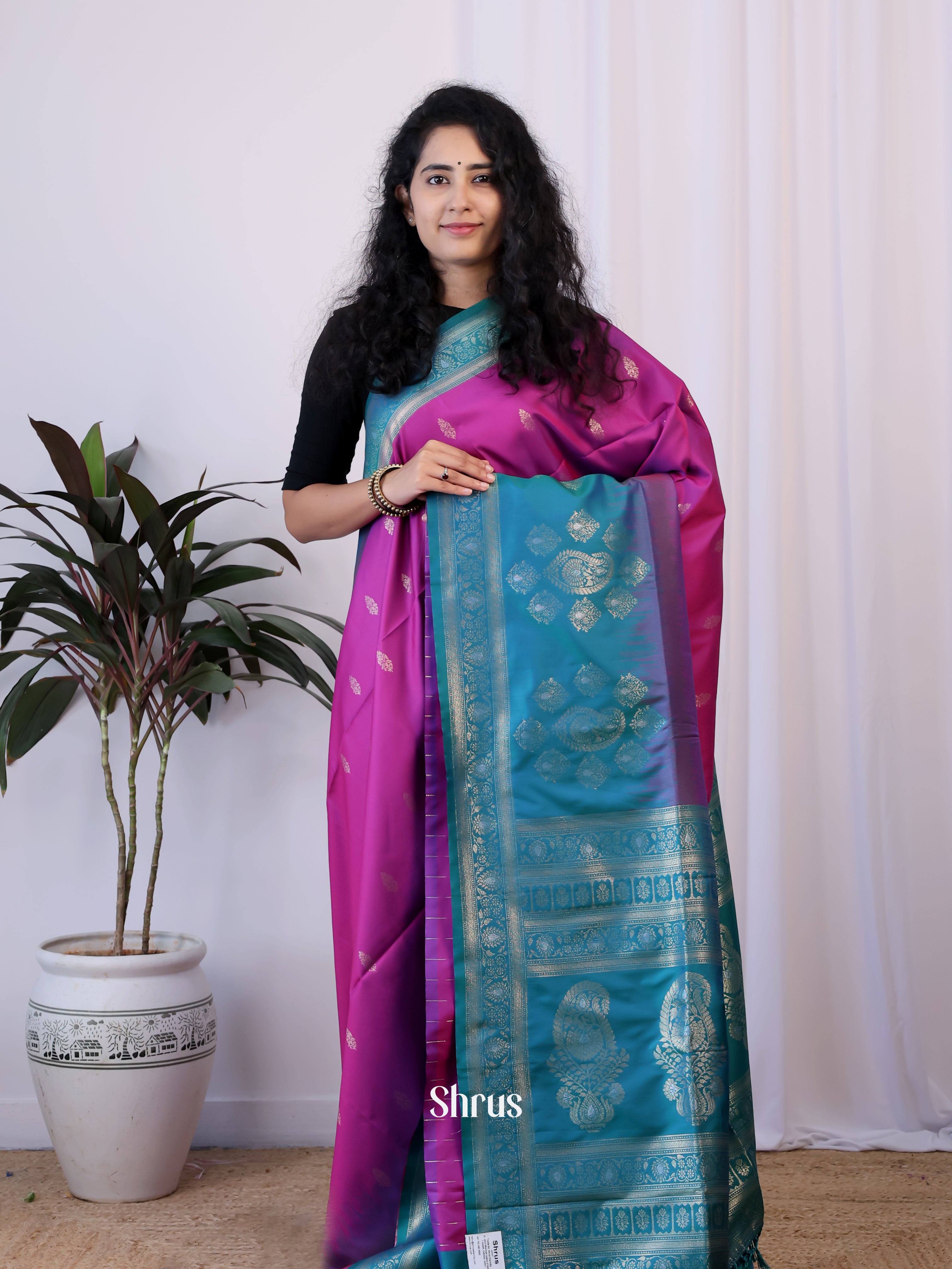 Majenta & Blue - Semi Softsilk Saree - Shop on Shrus.com