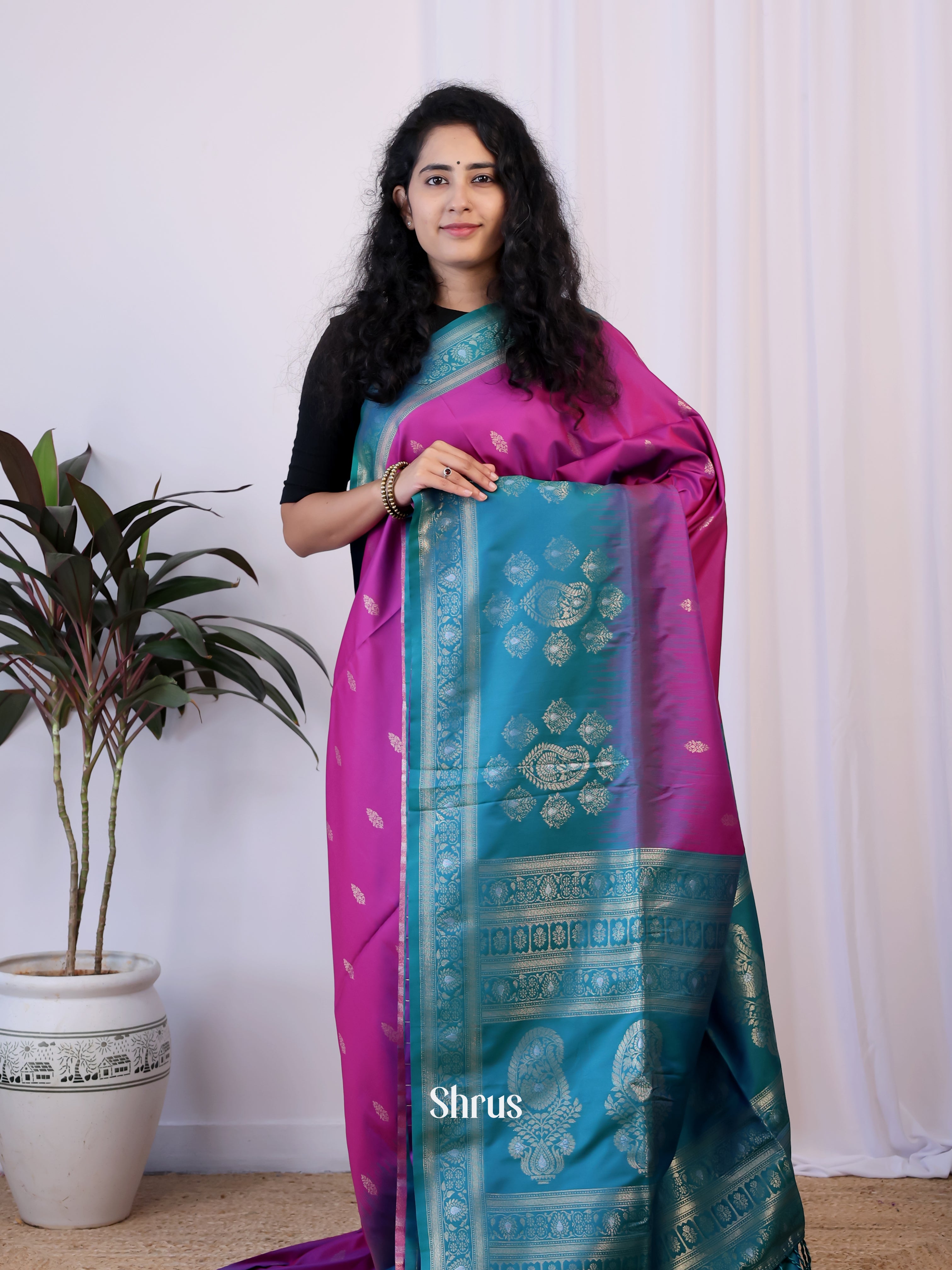 Majenta & Blue- Semi Softsilk Saree - Shop on Shrus.com
