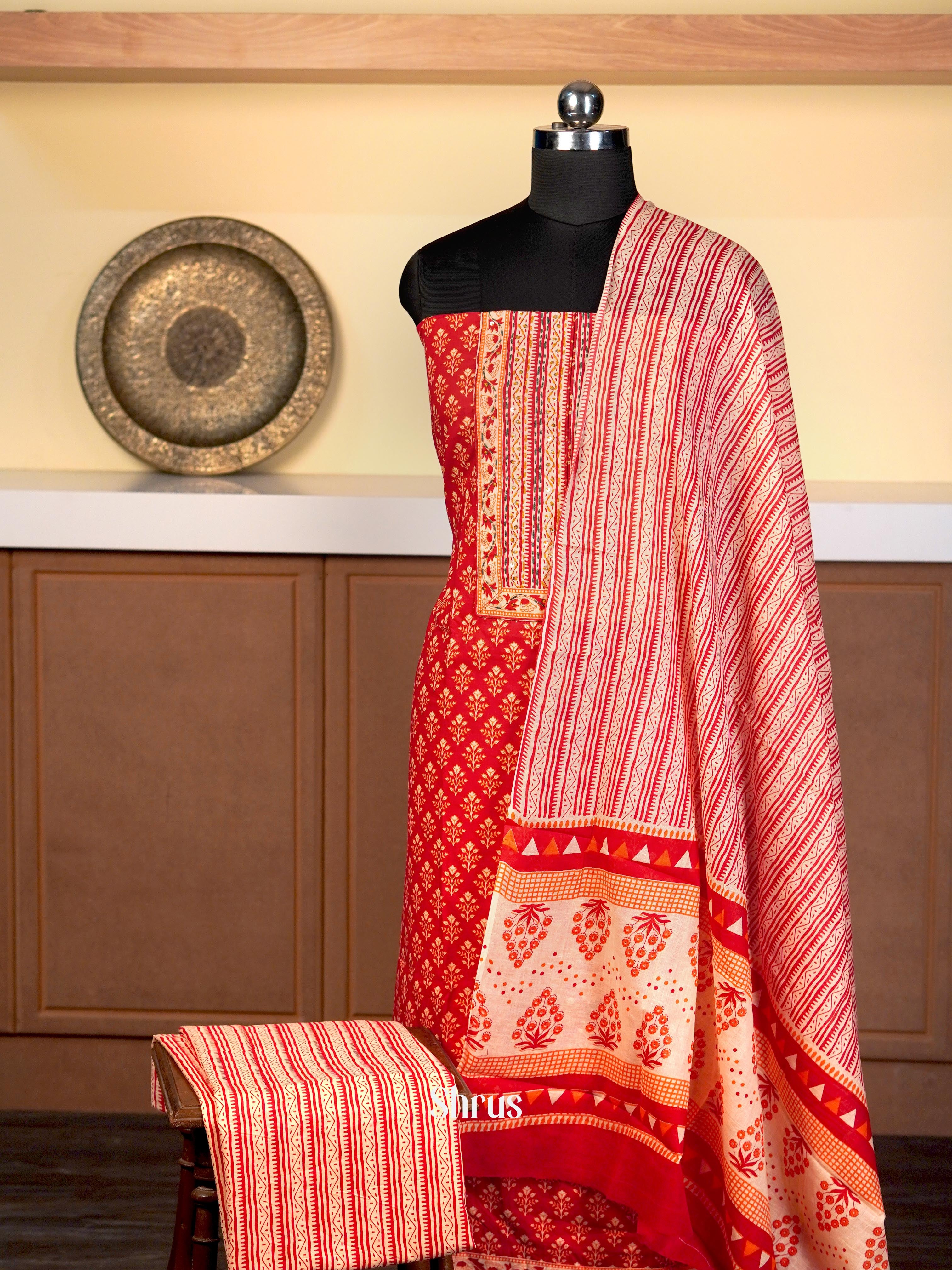 Red & Cream - Cotton salwarc - Shop on Shrus.com