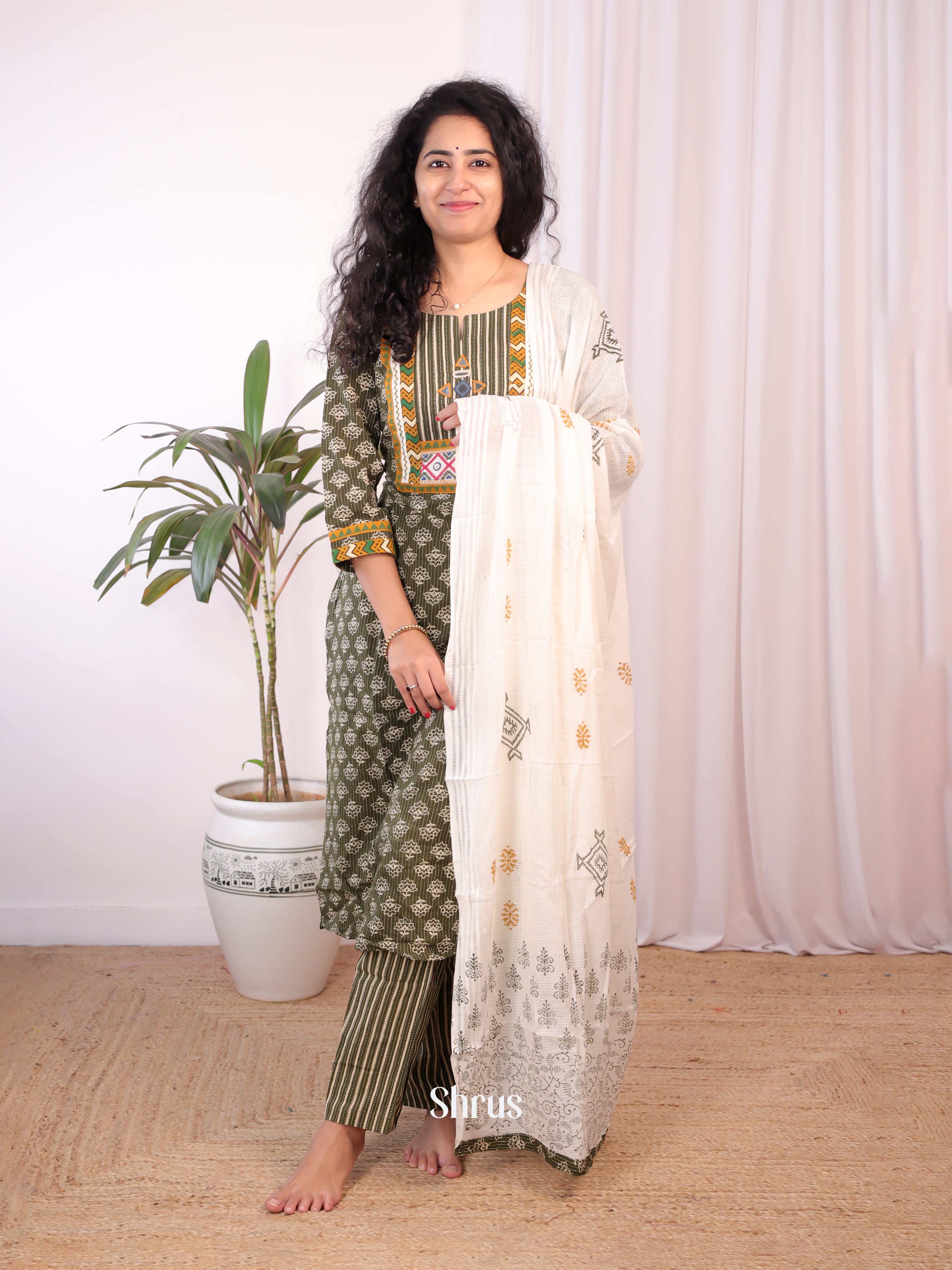 Green & Cream - Ajrakh 3pc Readymade Suits - Shop on Shrus.com