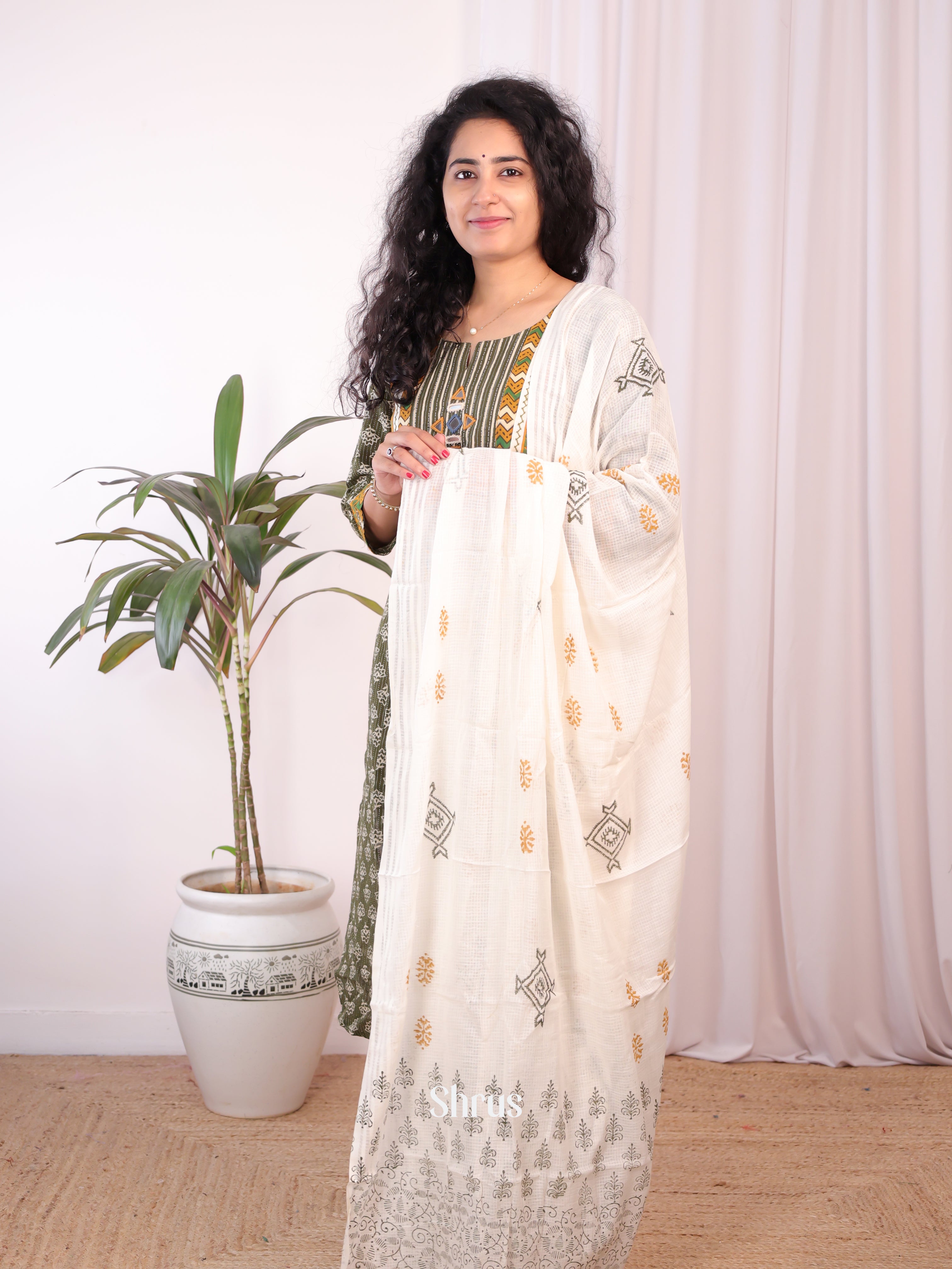 Green & Cream - Ajrakh 3pc Readymade Suits - Shop on Shrus.com
