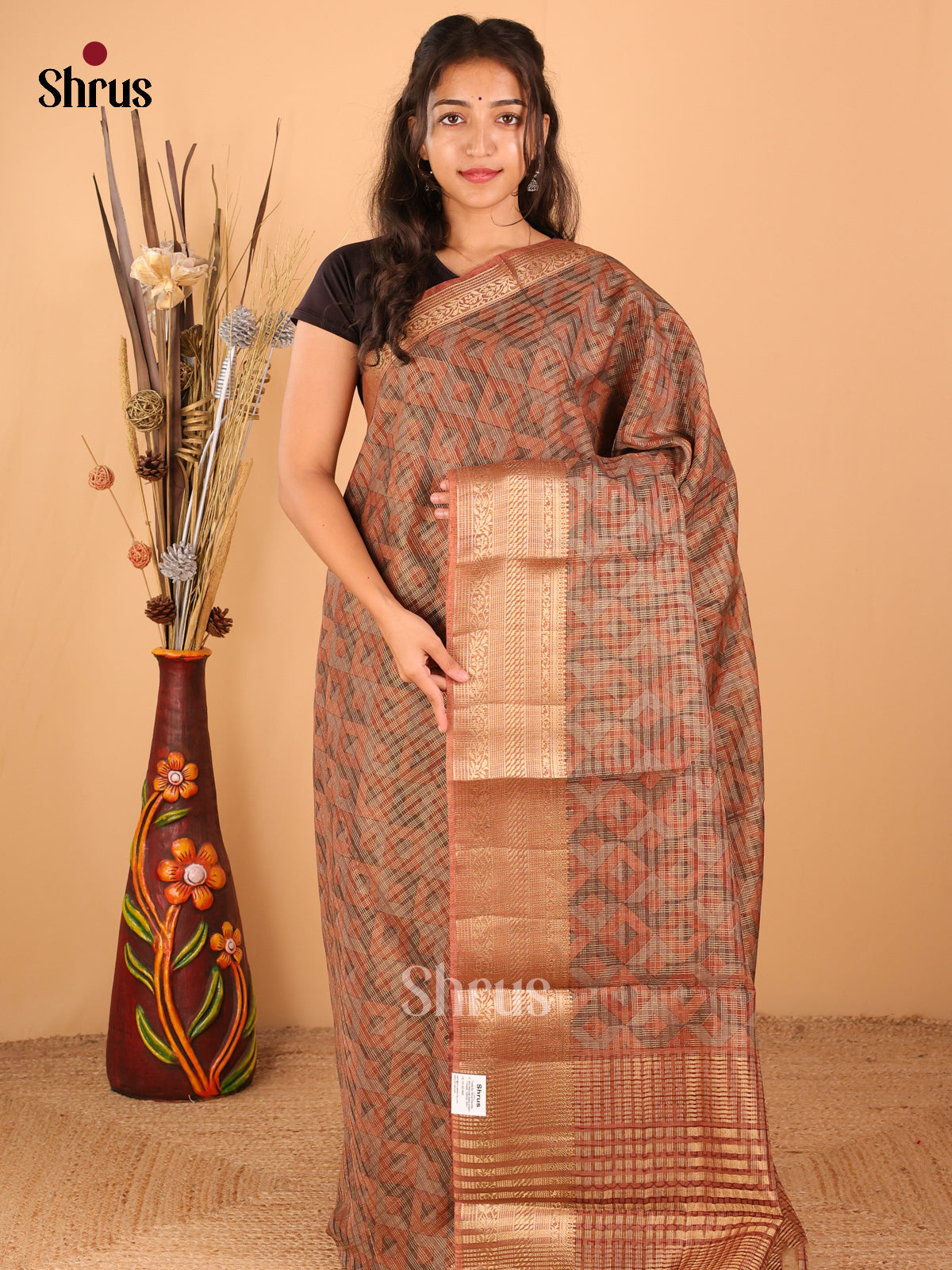 Brown with Dark Beige - Semi Chanderi - CIS15679 - Shop on Shrus.com