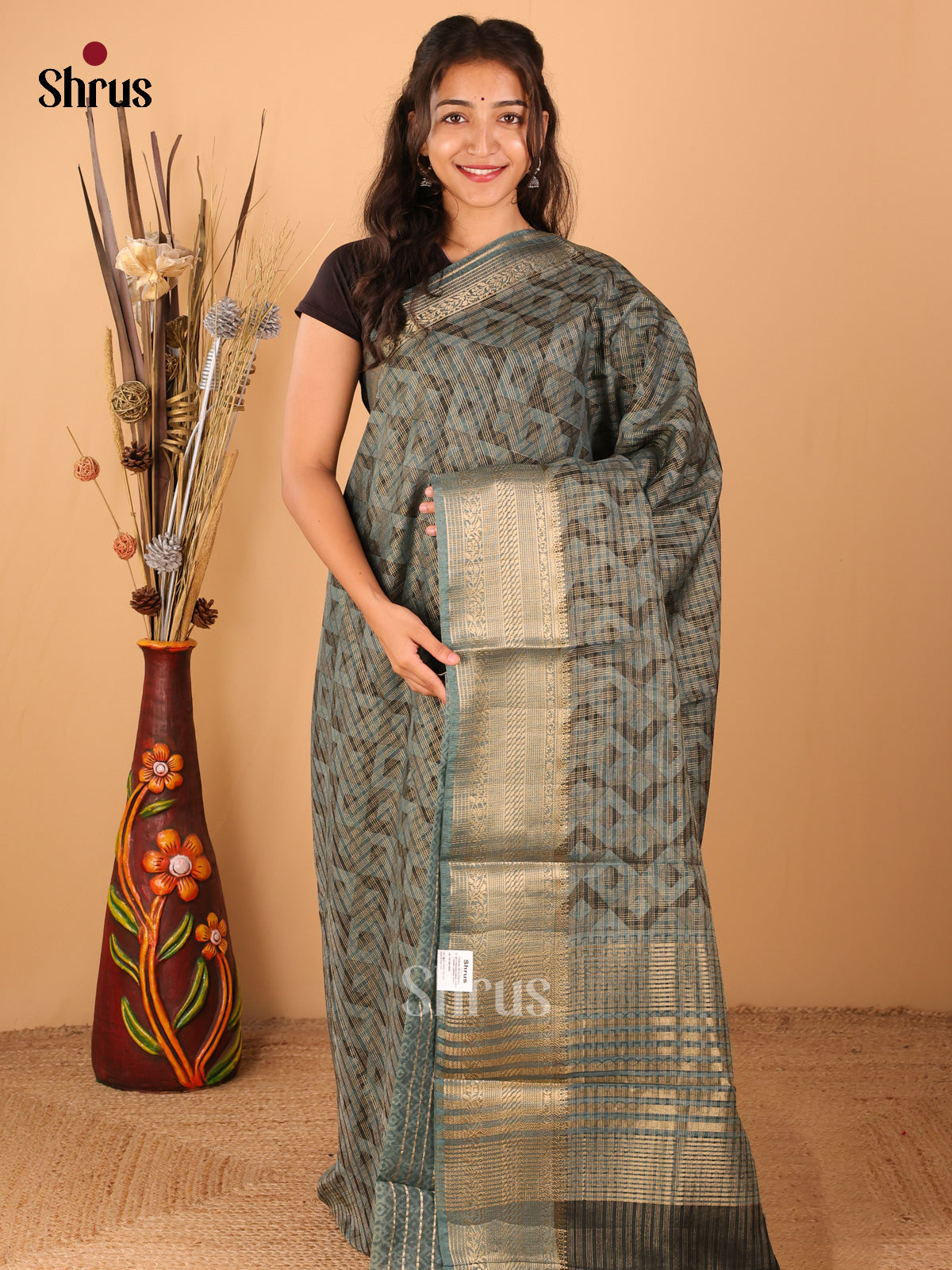 Teal and blue - Semi Chanderi - CIS15680 - Shop on Shrus.com