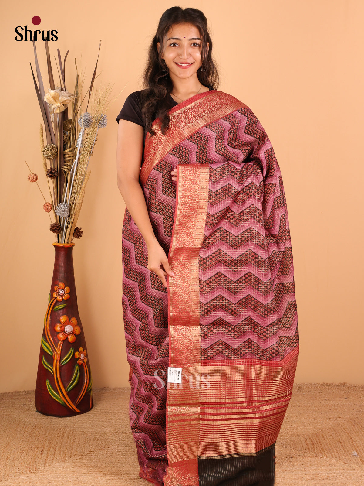 Onion pink with Black - Semi Chanderi - CIS15681 - Shop on Shrus.com