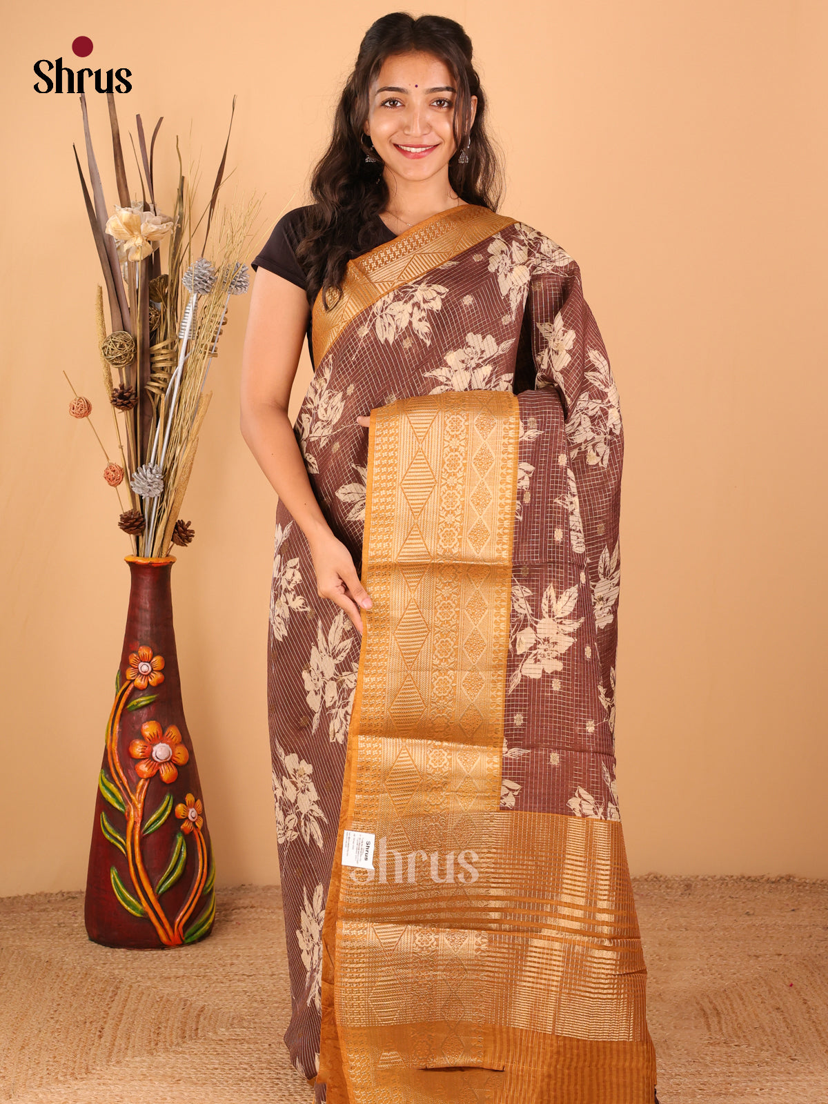 Brown with Mustard - Semi Chanderi - CIS15682 - Shop on Shrus.com