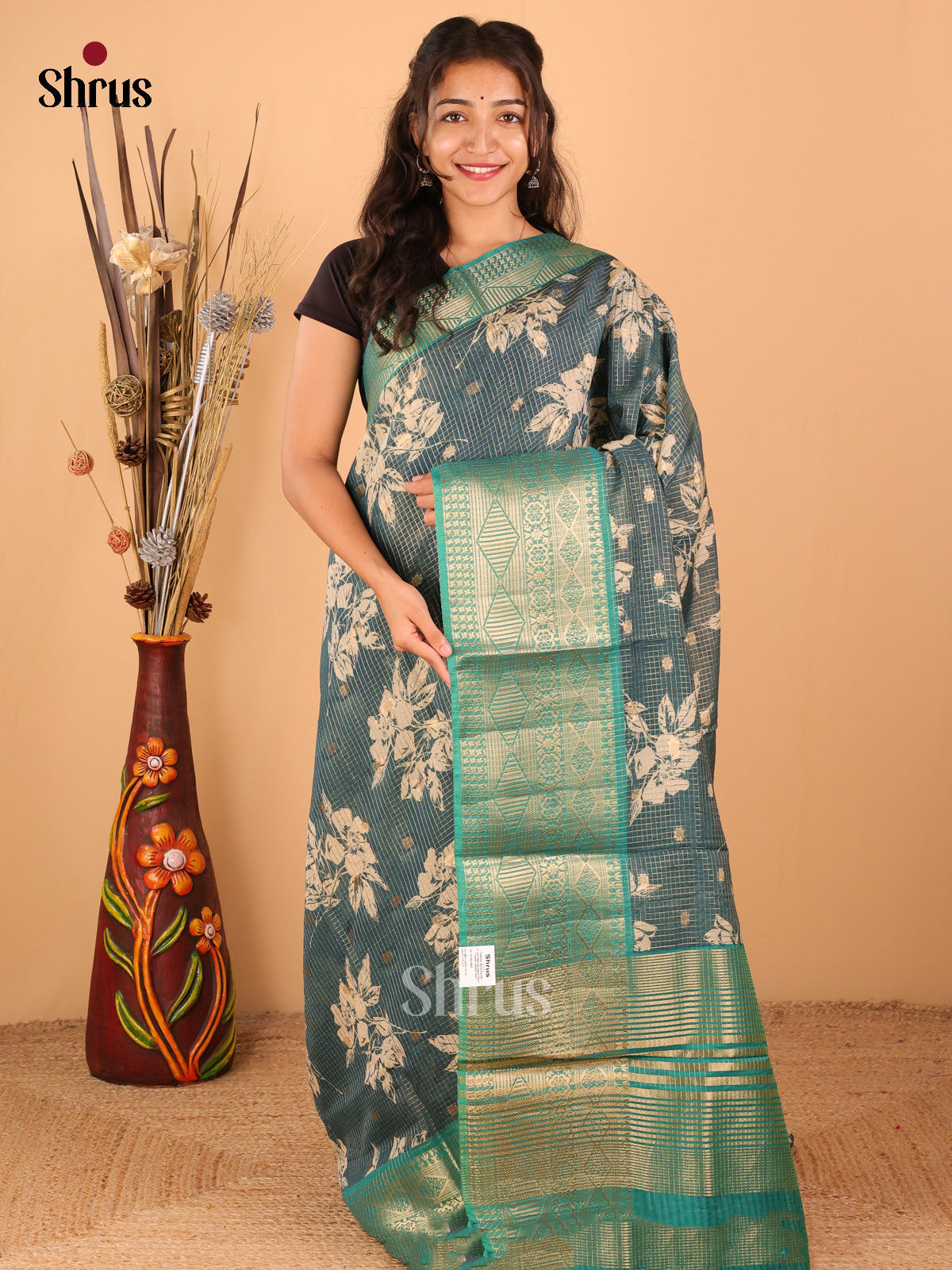 Teal green and blue - Semi Chanderi - CIS15685 - Shop on Shrus.com