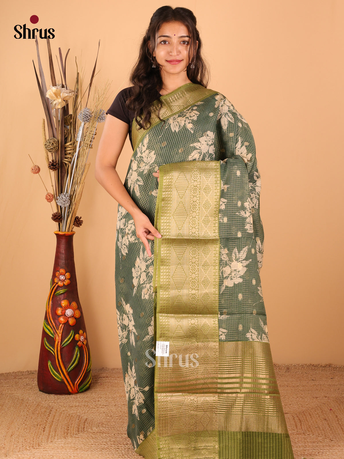 Dark green with Mehandi green - Semi Chanderi - CIS15688 - Shop on Shrus.com