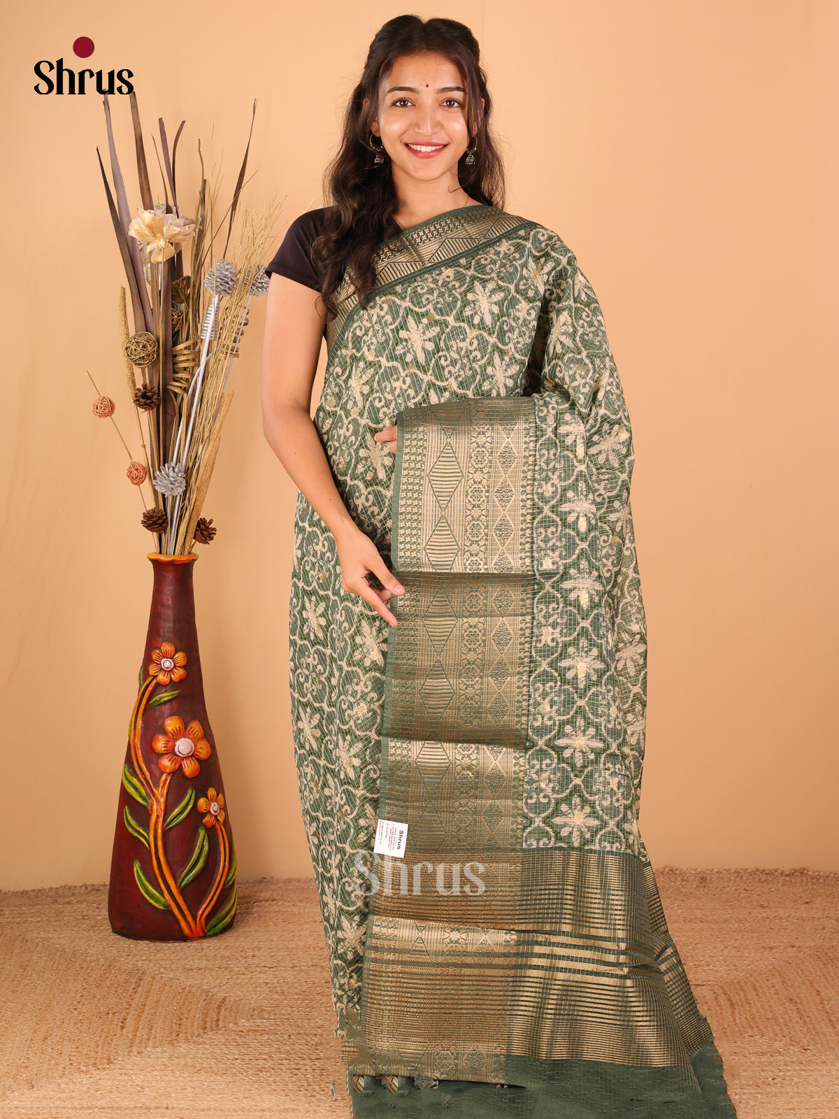 olive green - Semi Chanderi - CIS15689 - Shop on Shrus.com