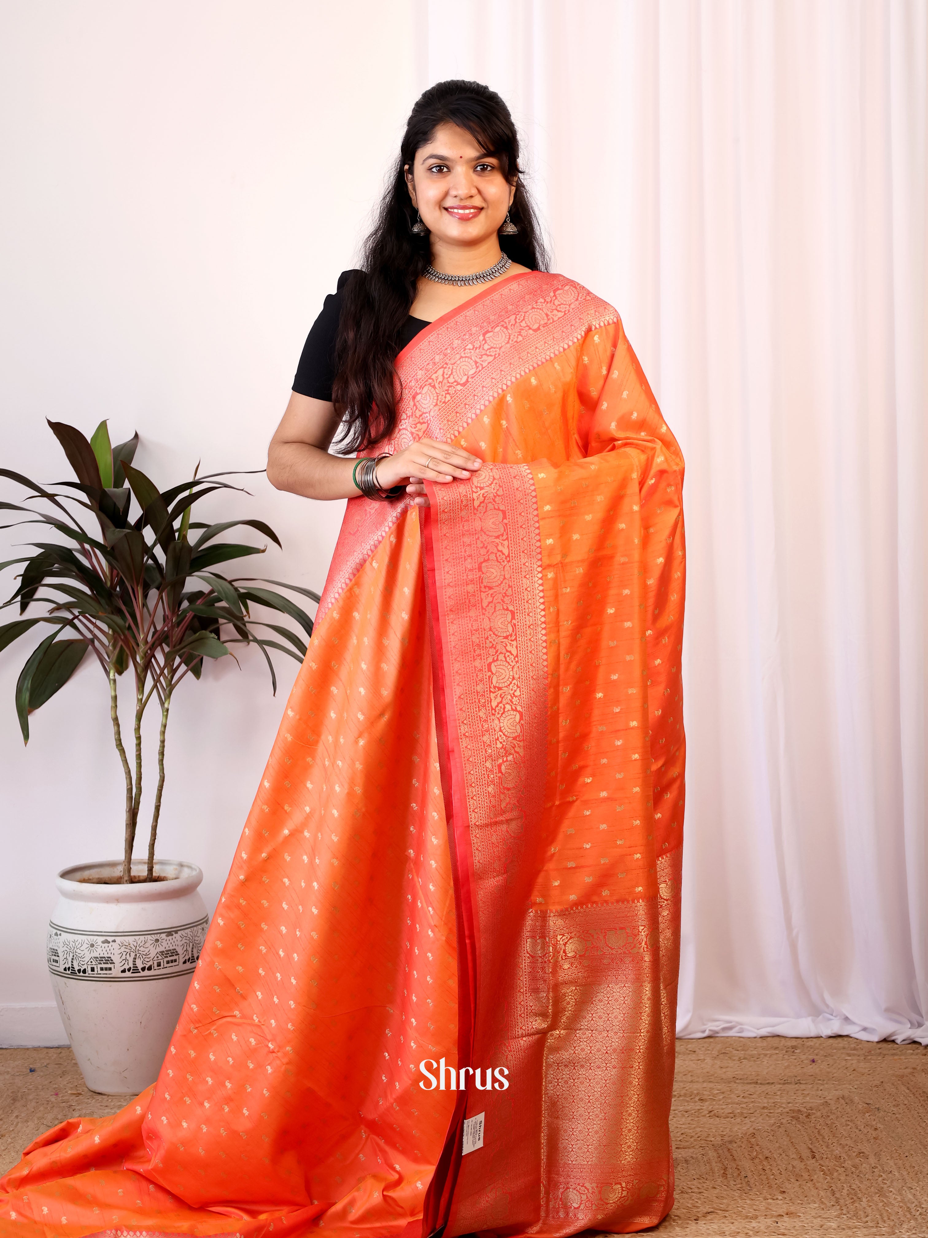 Orange & red - Semi Banarasi Saree - Shop on Shrus.com