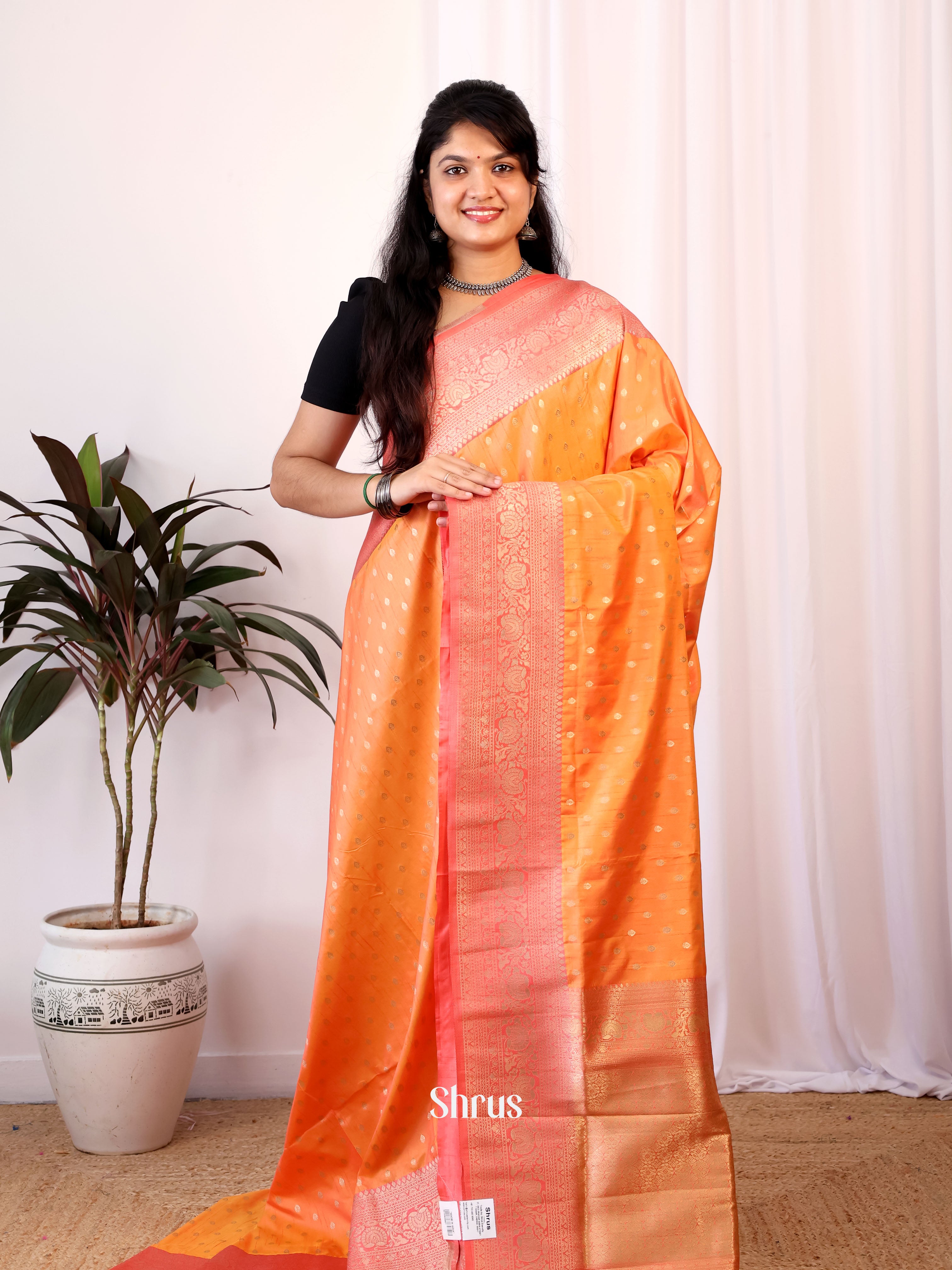 Orange & Red - Semi Banarasi Saree - Shop on Shrus.com