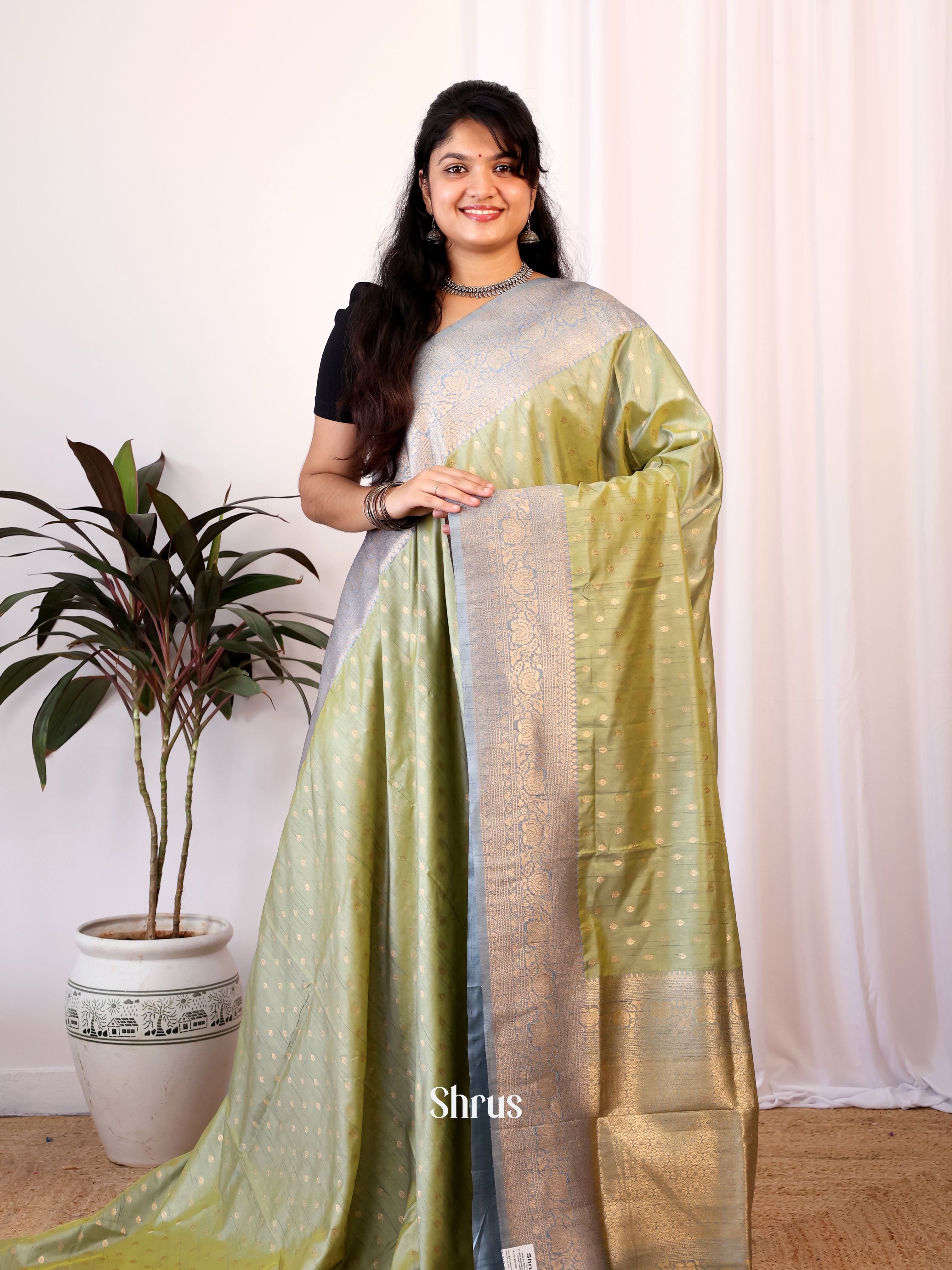 Green & Grey - Semi Banarasi Saree - Shop on Shrus.com