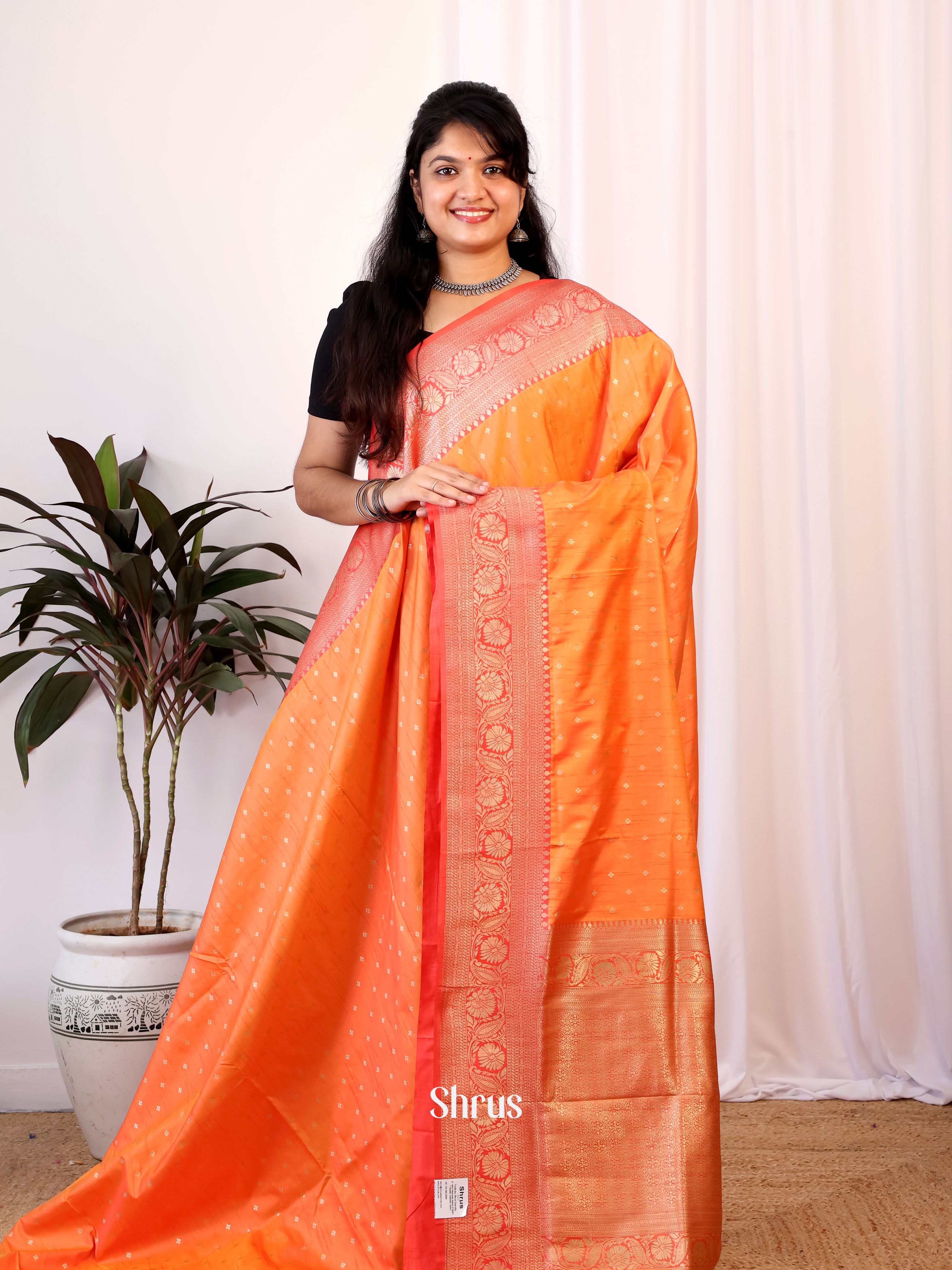 Orange & Red - Semi Banarasi Saree - Shop on Shrus.com