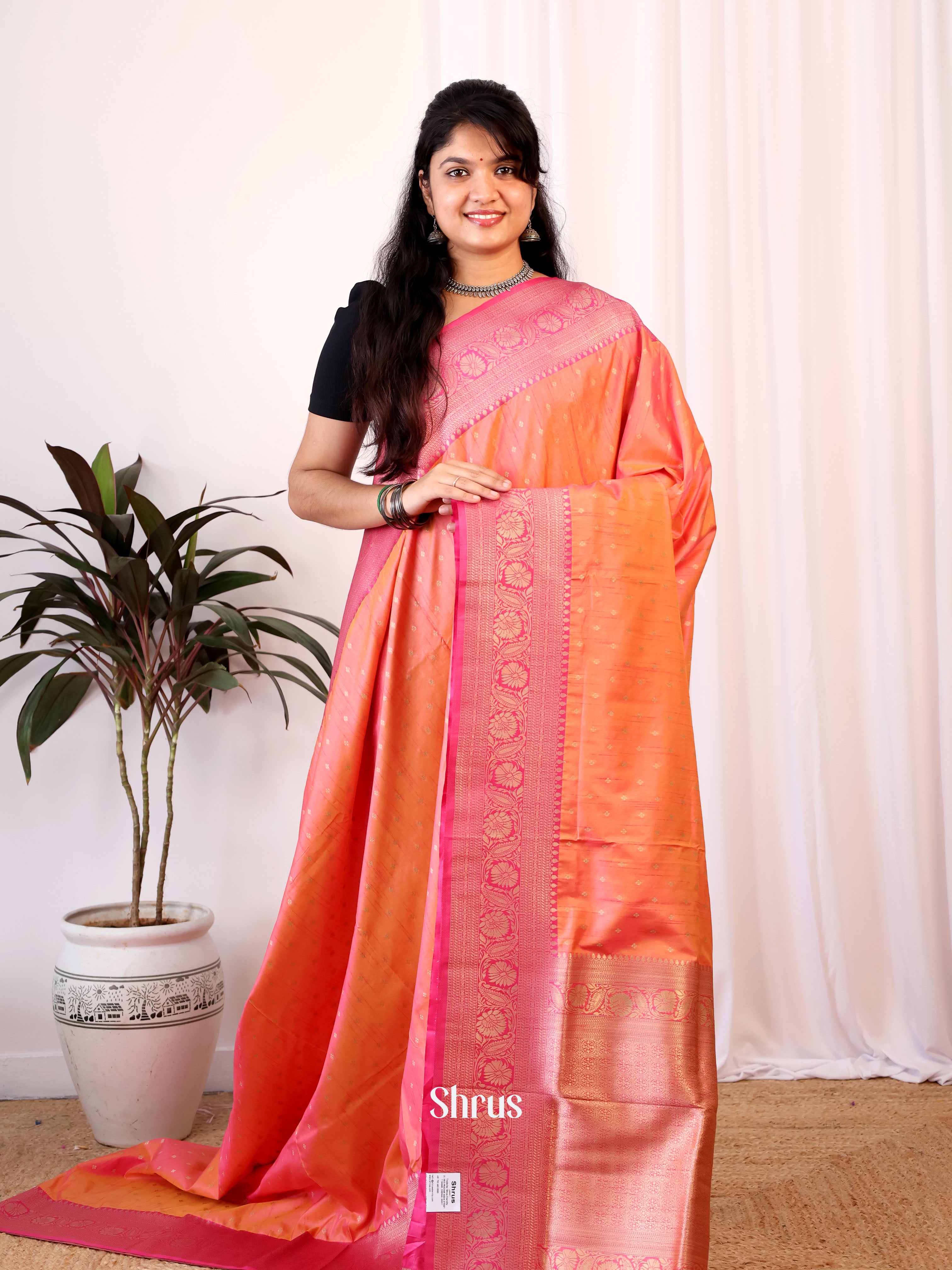 Orange & Pink - Semi Banarasi Saree - Shop on Shrus.com