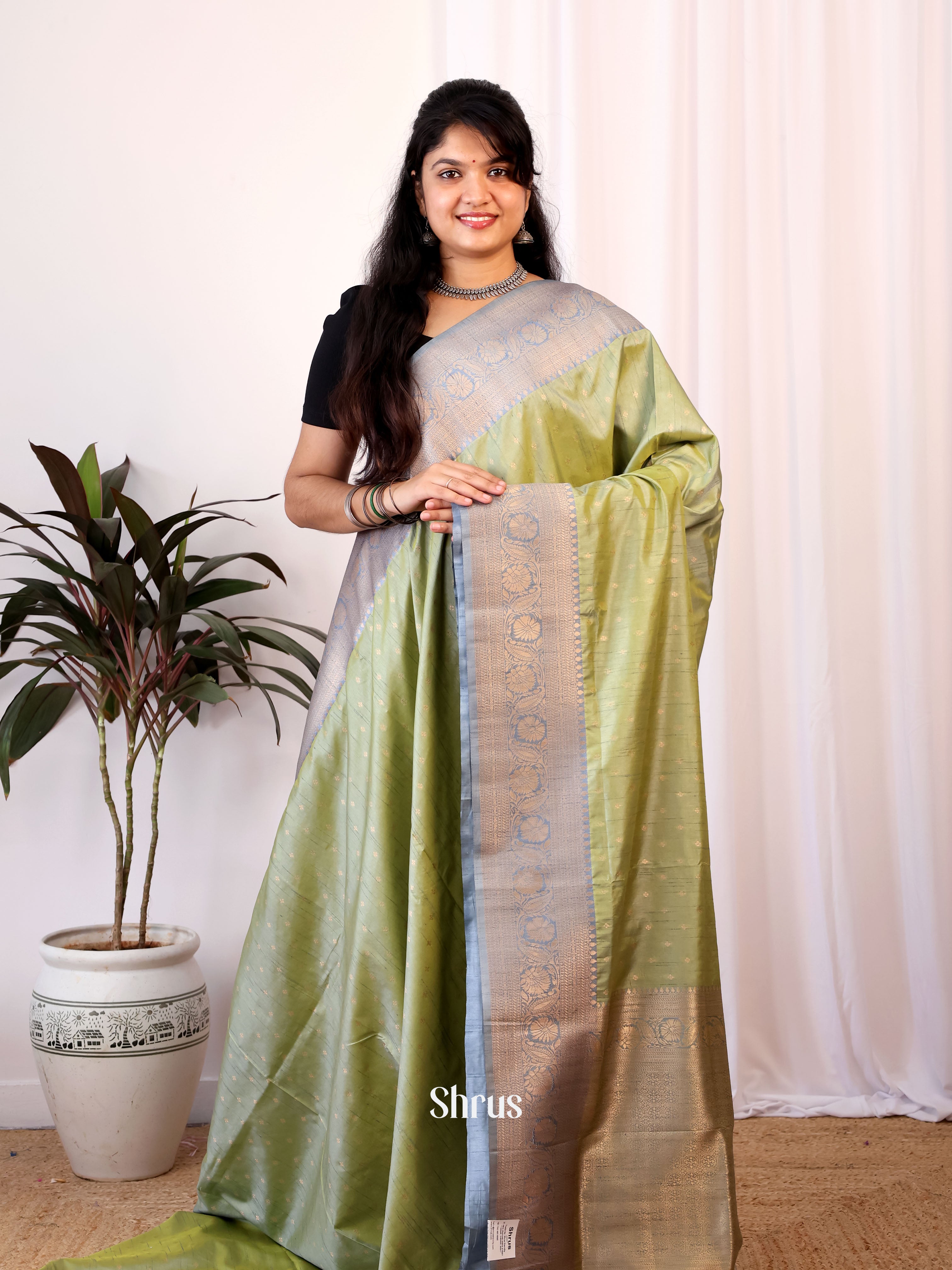 Green & Grey - Semi Banarasi Saree - Shop on Shrus.com